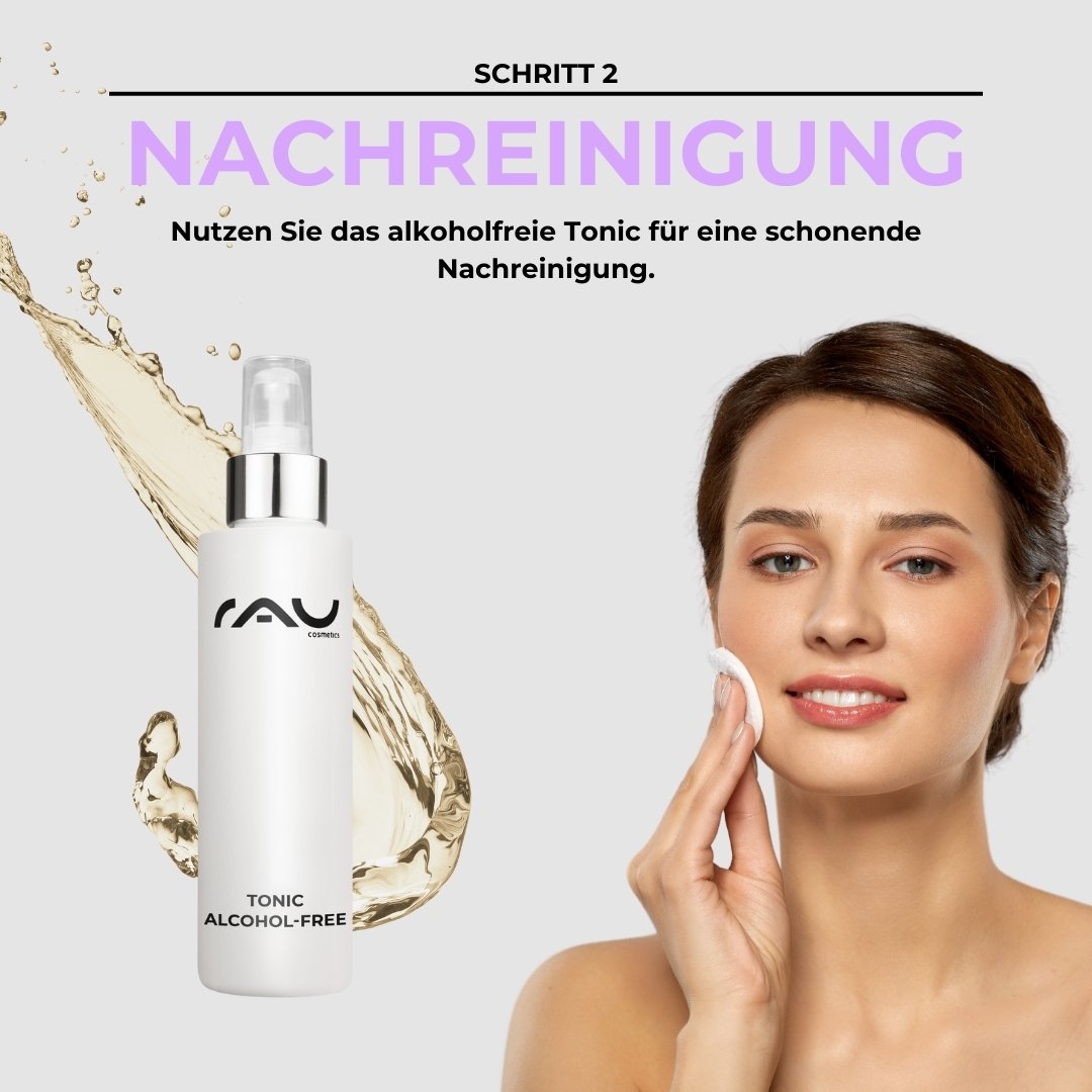 Woman with Tonic for alcohol-free post-cleansing, step 2 of the basic care routine for mixed skin from RAU Cosmetics.