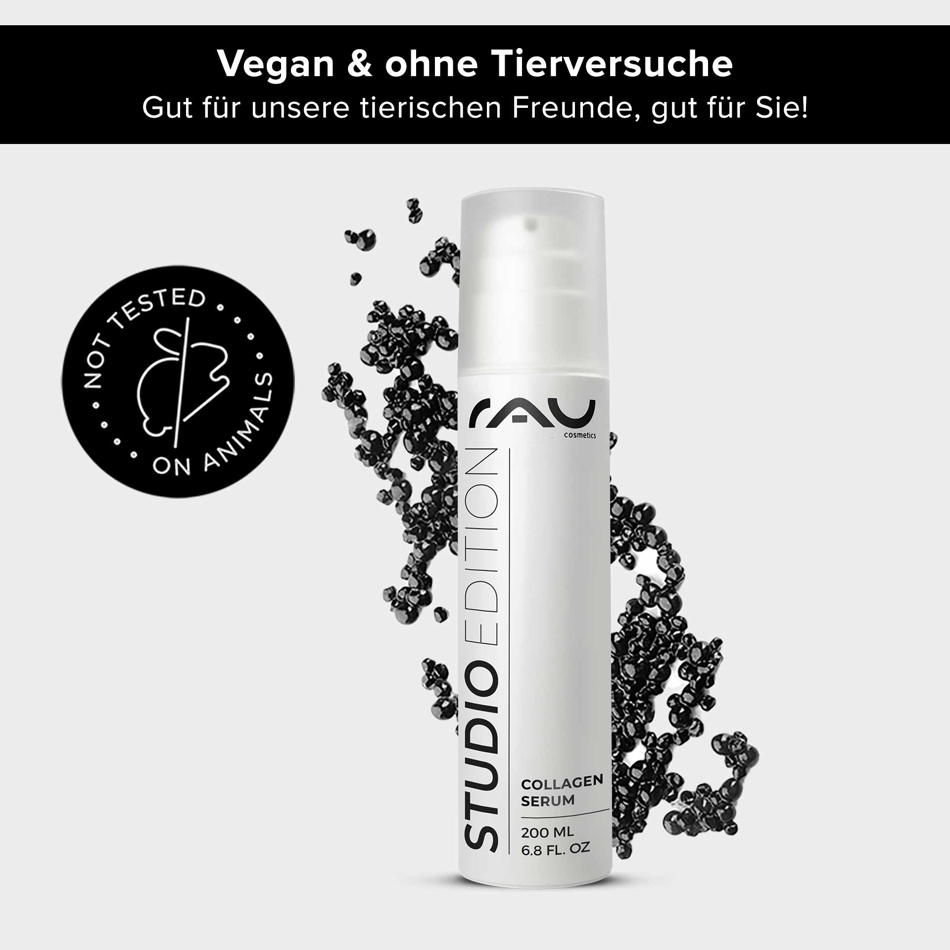 Caviar 24h Cream 200 ml Skin Care with Caviar Extract RAU Cosmetics Collagen Serum in einer 200-ml-Flasche mit veganem Etikett, schwarzen Blasen und dem Emblem „Nicht an Tieren getestet“, das die Vorteile für die Hautpflege hervorhebt.