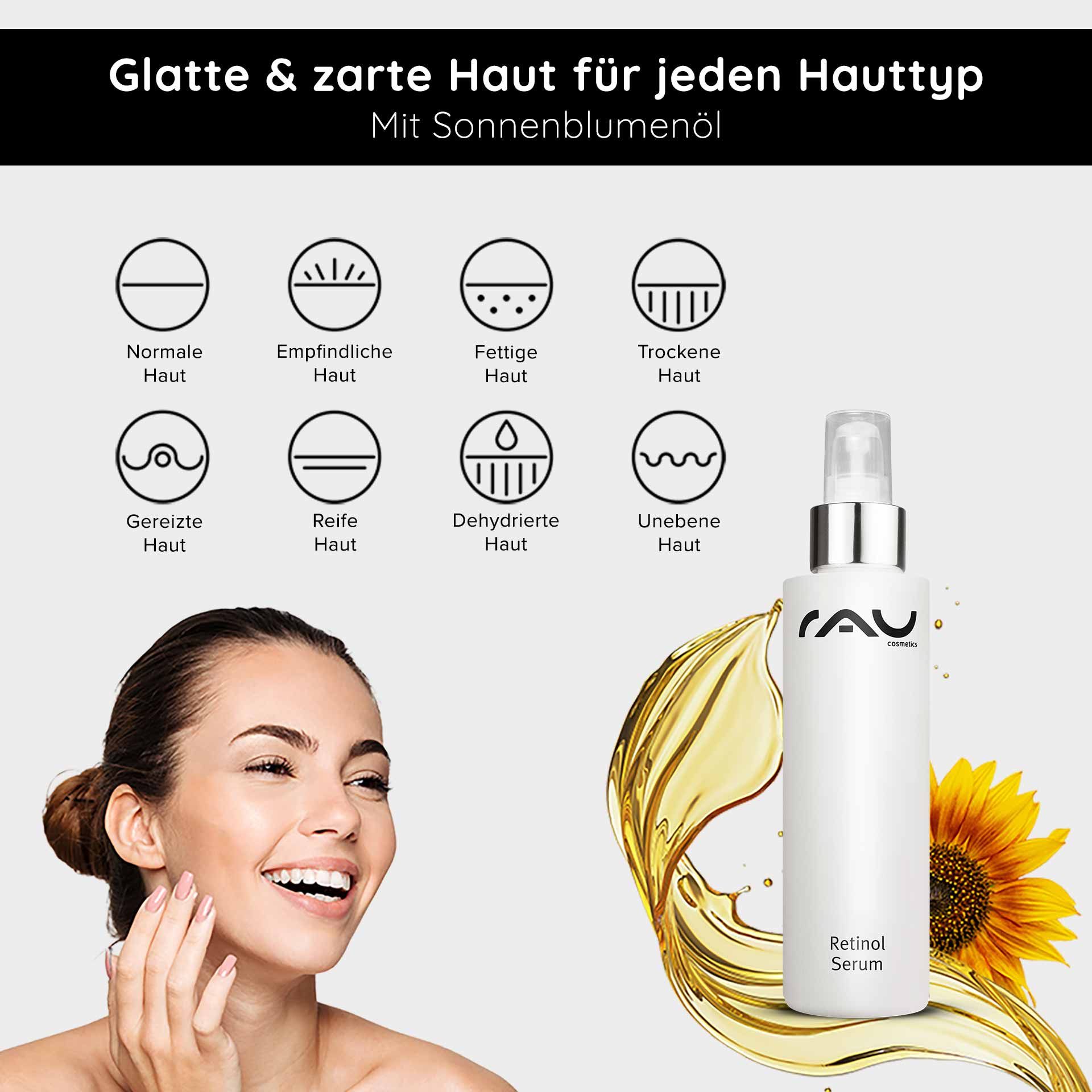 Retinol Serum 100 ml - Vitamin A serum for dry and mature skin Retinol-Serum von RAU Cosmetics mit einer lächelnden Frau mit glatter Haut, das die Vorteile für verschiedene Hauttypen hervorhebt, mit Sonnenblumenöl und Anti-Aging-Eigenschaften.