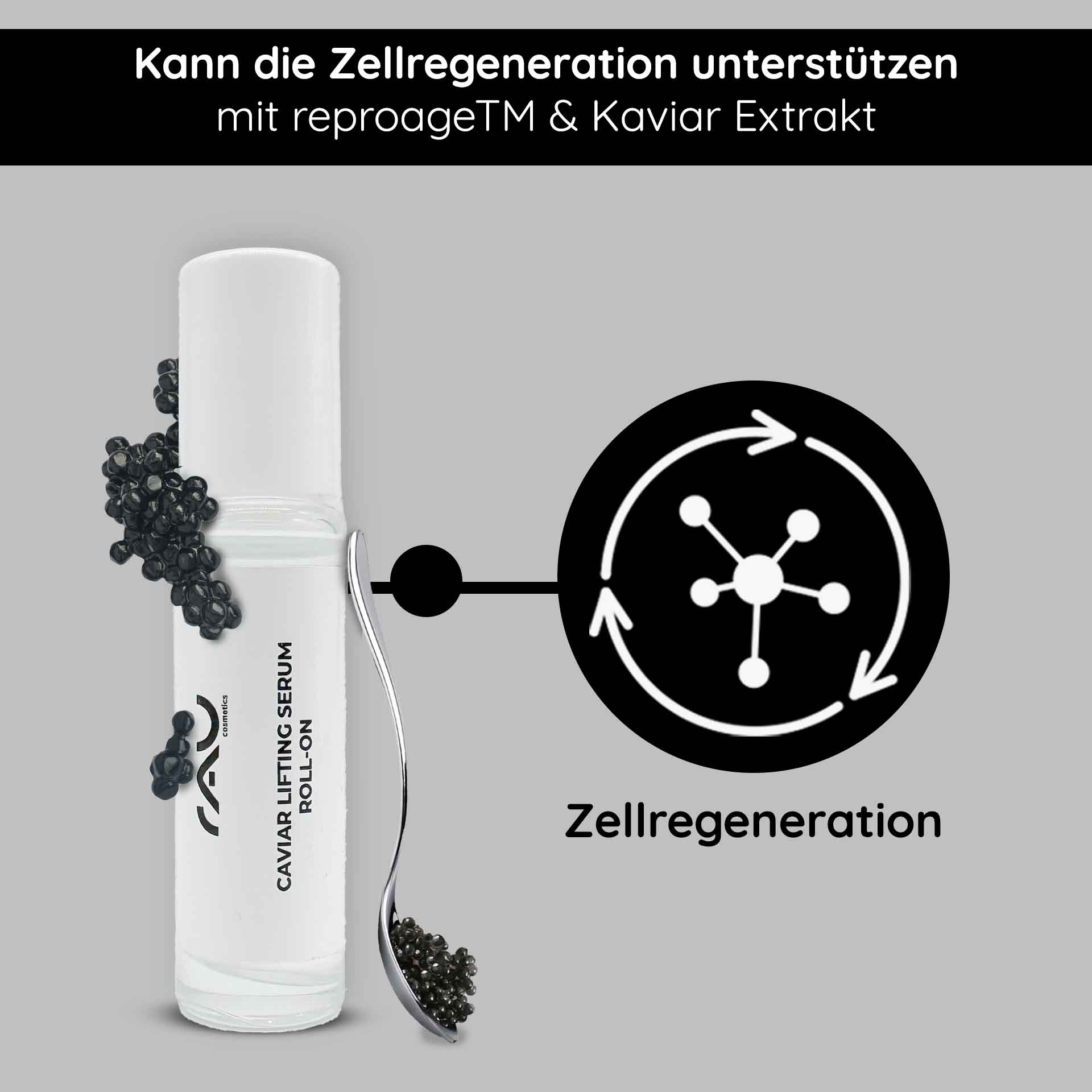 Caviar Lifting Serum Roll-On 10 ml with reproage & caviar extractTriple Hyaluronic Serum Roll-On 10 ml with triple hyaluronic acids RAU Cosmetics Caviar Lifting Serum Roll-On 5 ml in edler Verpackung – Anti-Aging-Serum mit Kaviarextrakt und Reproage™-Peptiden für reife Haut.“