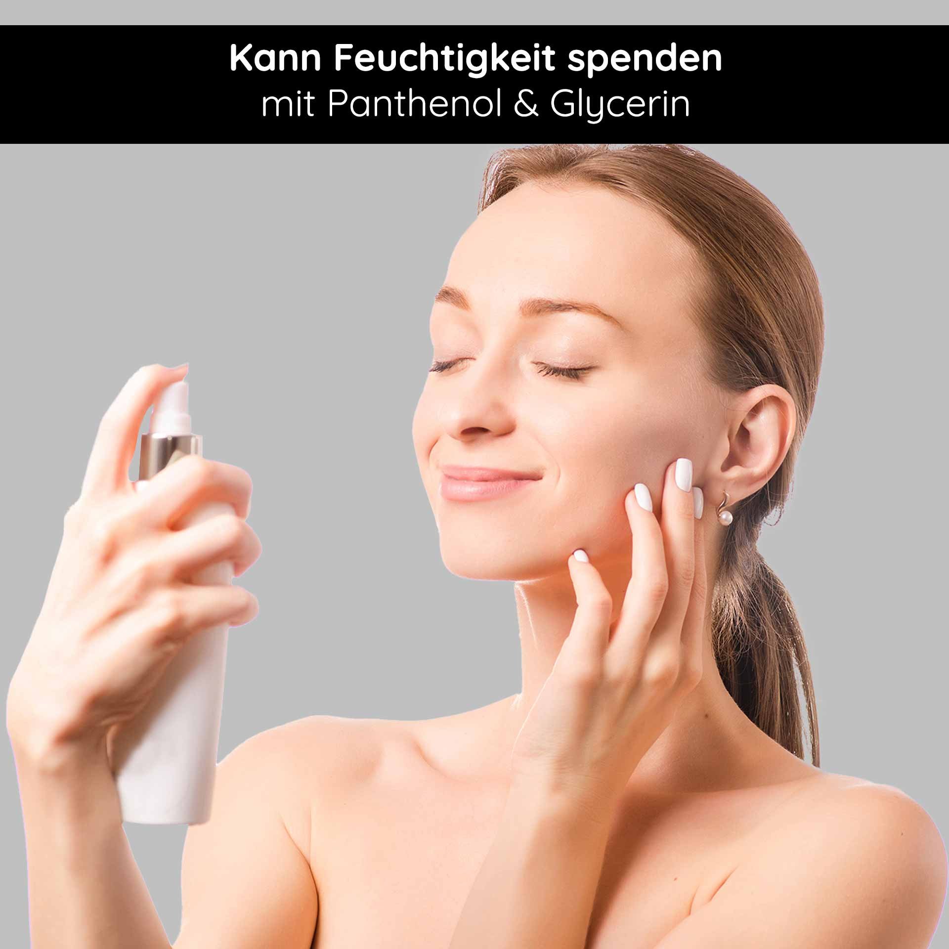 Woman with radiant skin applies RAU Silver Spray for moisturizing to the face.