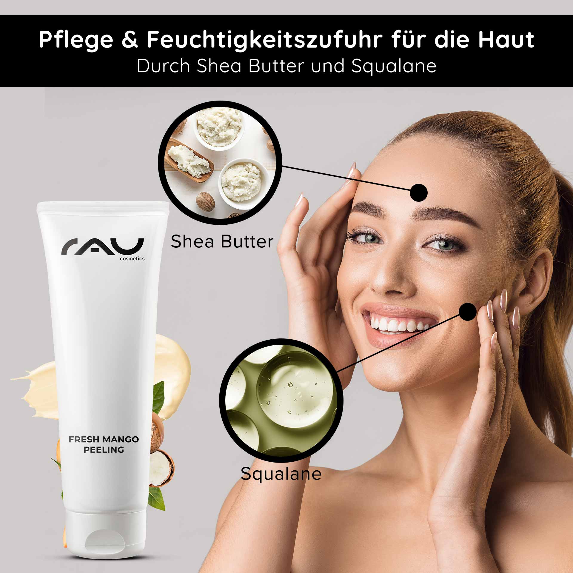 Fresh Mango Peeling 75 ml Enzyme Peeling with Mango Fragrance Tube mit frischem Mango-Peeling von RAU Cosmetics, die die Vorteile von Sheabutter und Squalan hervorhebt. Lächelnde Frau beim Auftragen der Hautpflege, wobei die Feuchtigkeitsversorgung und das sanfte Peeling für alle Hauttypen im Vordergrund stehen.