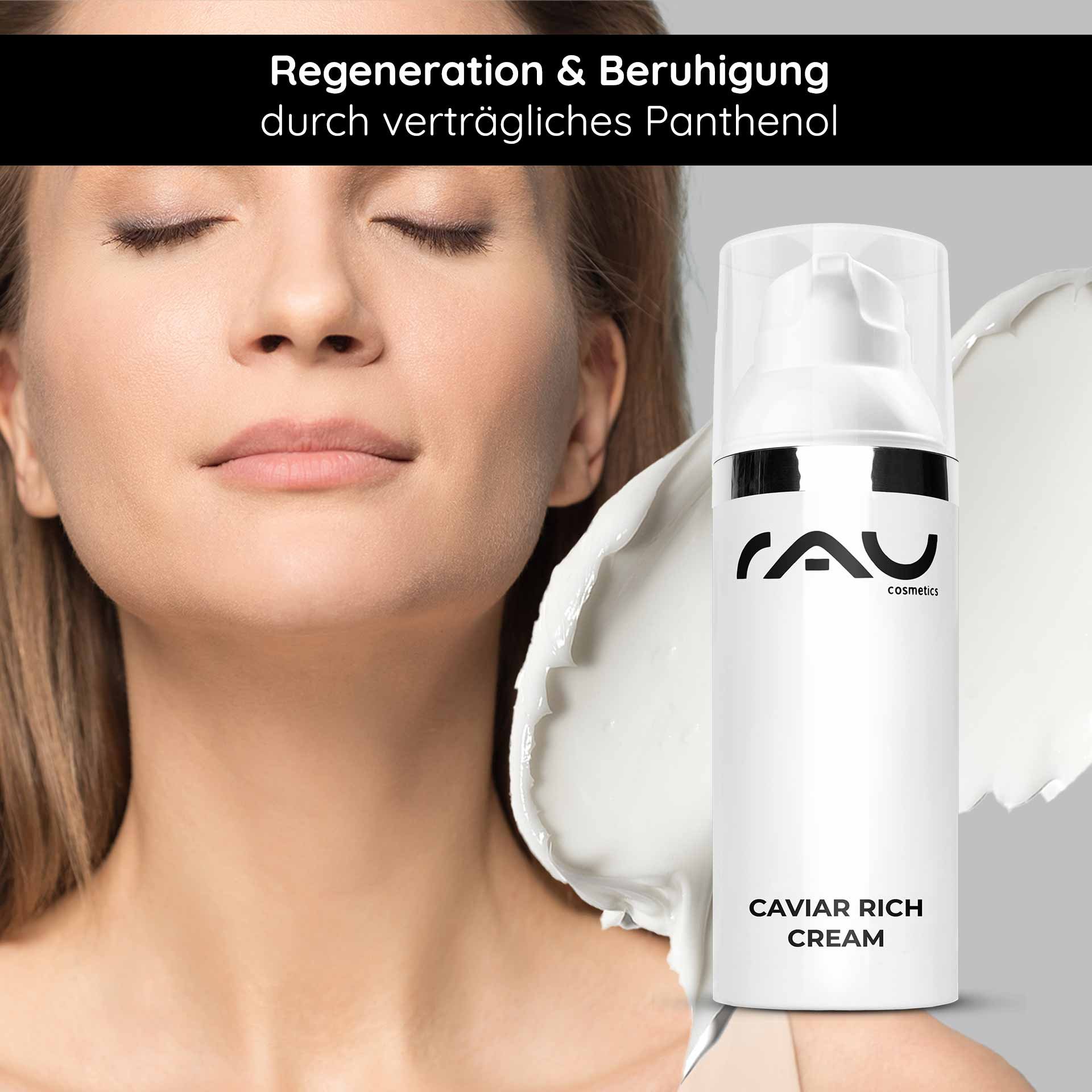 Woman with closed eyes holding RAU Cosmetics Caviar Rich Cream, focusing on regenerating and soothing ingredients like panthenol.