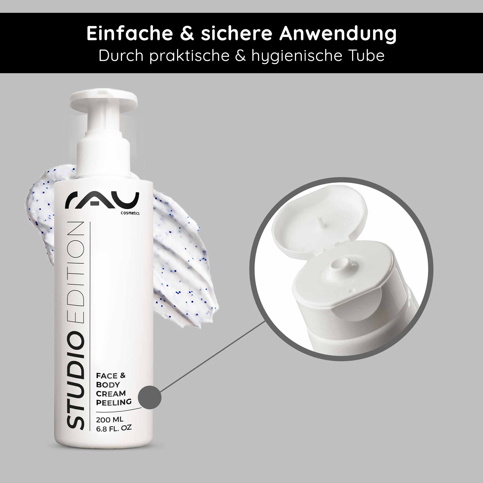 RAU Cosmetics Studio Edition Face & Body Cream Peeling 200 ml Kabinenware – mechanisches Gesichts- und Körperpeeling mit natürlichen Schleifpartikeln, Lecithin, Mandelöl, Allantoin und Panthenol