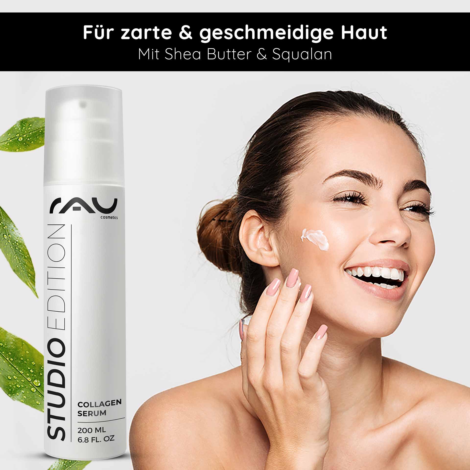 Flasche RAU Cosmetics Collagen Serum mit Sheabutter und Squalan, Frau trägt Creme auf ihr Gesicht auf, fördert weiche und glatte Haut, Vorteile für die Hautpflege.
