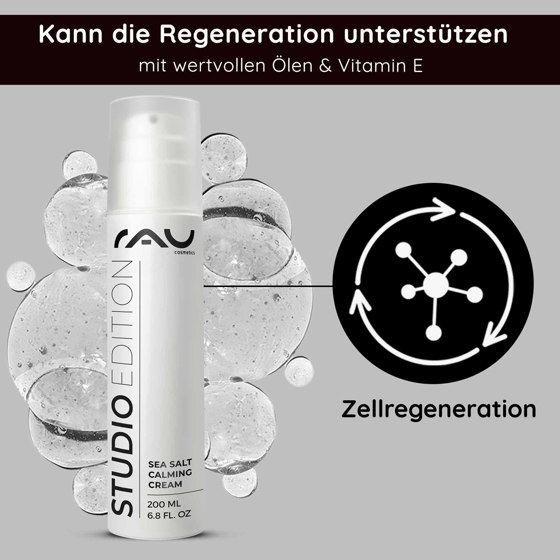 RAU Cosmetics Sea Salt Calming Cream, 200-ml-Verpackung mit Blasen, die die Vorteile der Hautregeneration mit Ölen und Vitamin E hervorhebt.