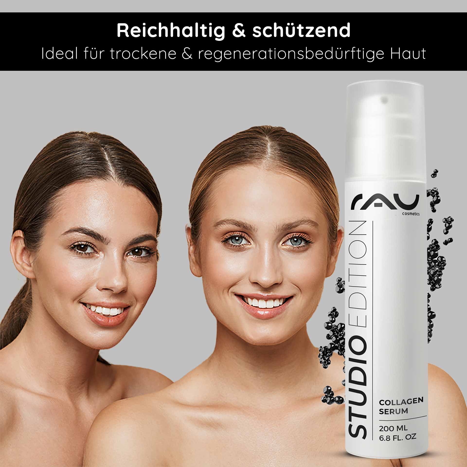 Caviar 24h Cream 200 ml Skin Care with Caviar Extract Zwei Frauen mit strahlenden Gesichtern, die gesunde Haut zeigen, neben einer Flasche RAU Cosmetics Collagen Serum, betont die Vorteile für trockene und regenerationsbedürftige Haut.