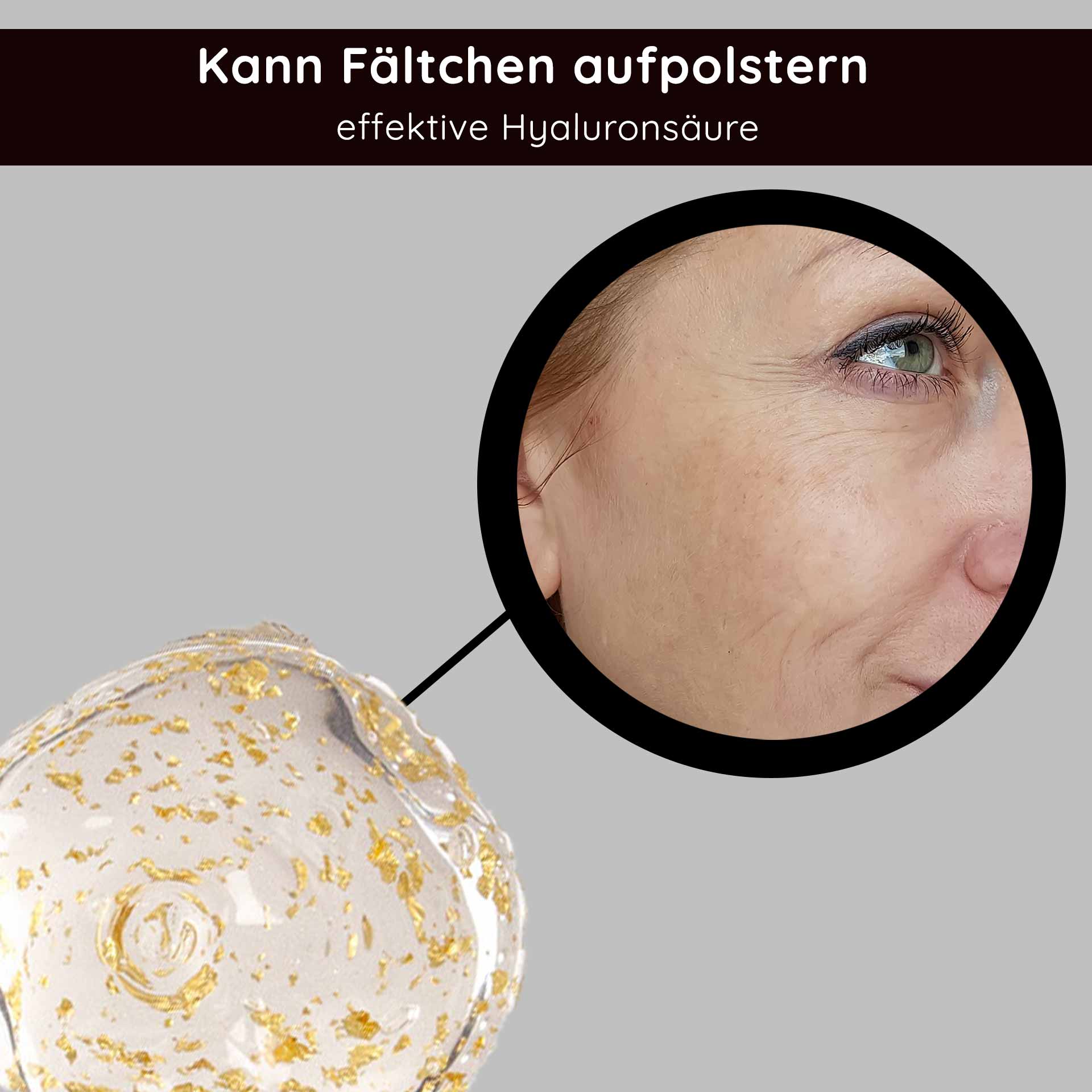 Golden Hyaluron Gel 50 ml Anti-Aging Gel with 23kt Gold Goldenes Hyalurongel mit 23 Karat Gold, das seine Anti-Aging-Eigenschaften und seine Wirksamkeit beim Aufpolstern feiner Linien hervorhebt, neben einer Nahaufnahme der Verbesserung der Hautstruktur.