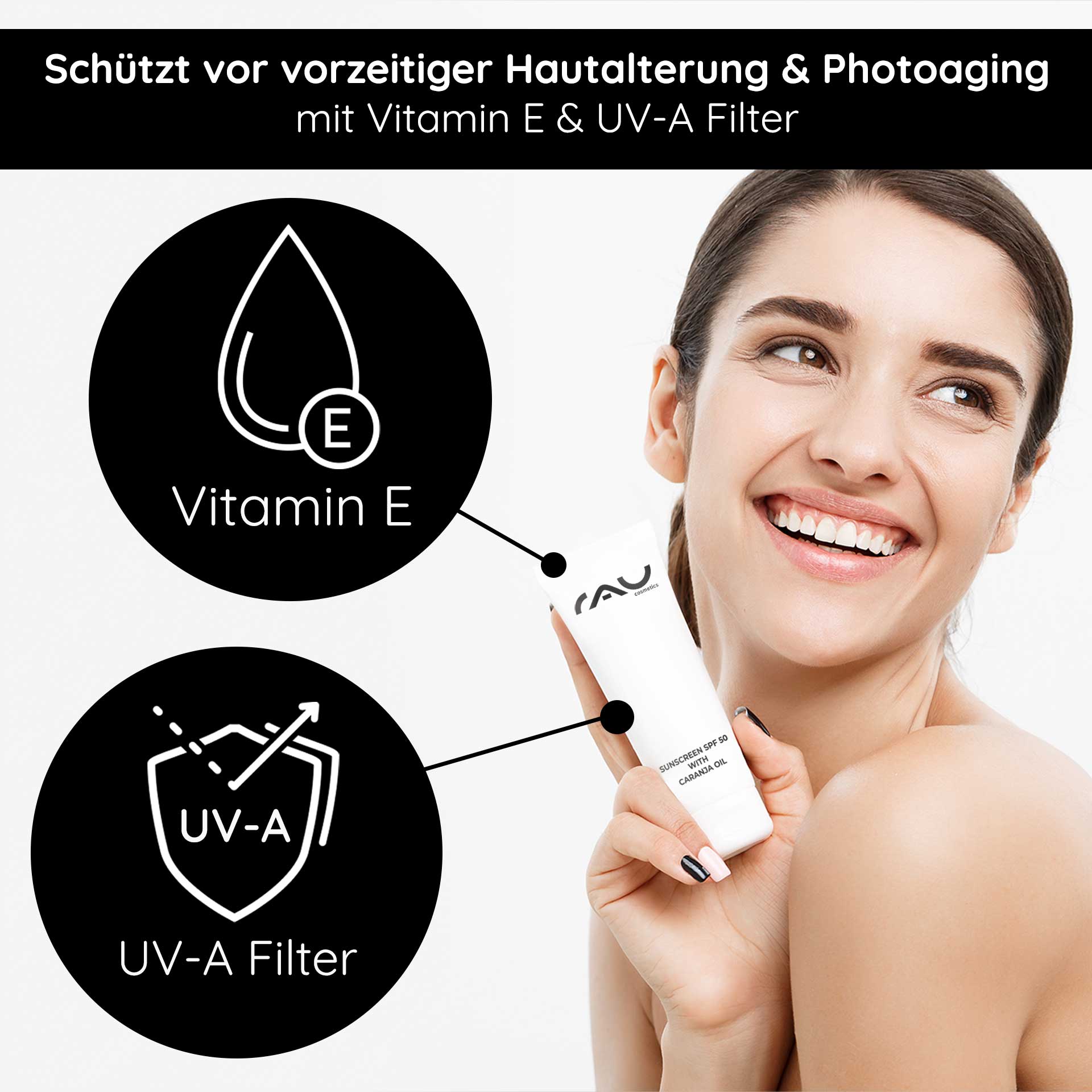 Sunscreen SPF 50 with Organic Karanja Oil 75 ml - Sunscreen Sonnenschutzprodukt mit Lichtschutzfaktor 50, Vitamin E und UV-A-Filter, gehalten von einer lächelnden Frau, die die Vorteile der Anti-Aging-Hautpflege demonstriert.