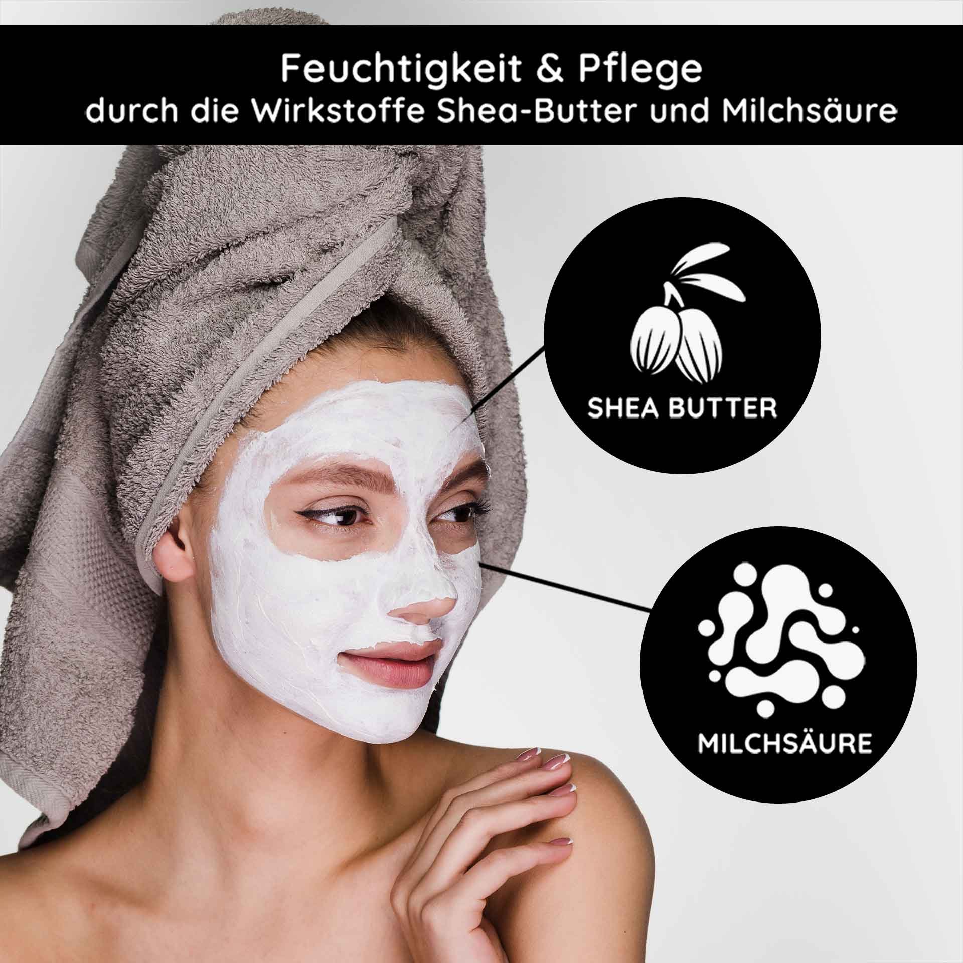 Woman with a healing clay face mask, surrounded by symbols for shea butter and lactic acid, highlighting the moisturizing and nourishing properties of the RAU Cosmetics Mineral Mask.