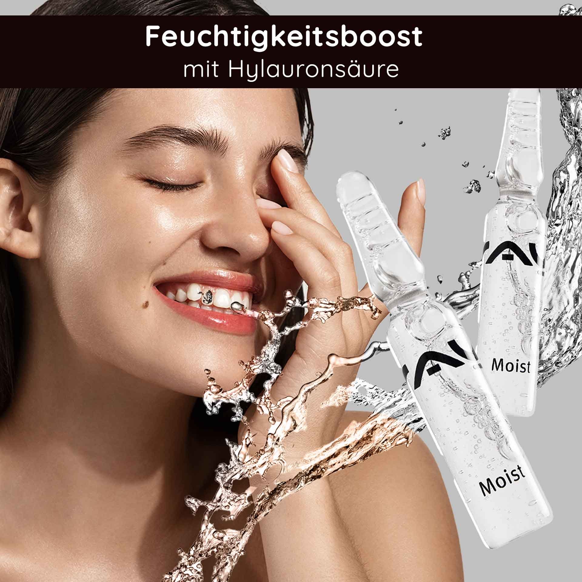 RAU Cosmetics Moist Ampoules – moisture serum in glass ampoules, packaged in a box with applicator, ideal for dry and mature skin.
