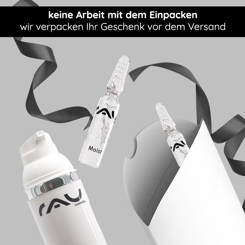 Geschenkverpackung mit schwarzer Schleife und RAU Cosmetics Produkten, inklusive einer Ampulle mit "Moist"-Label und einem weißen Behälter, ideal für besondere Anlässe.