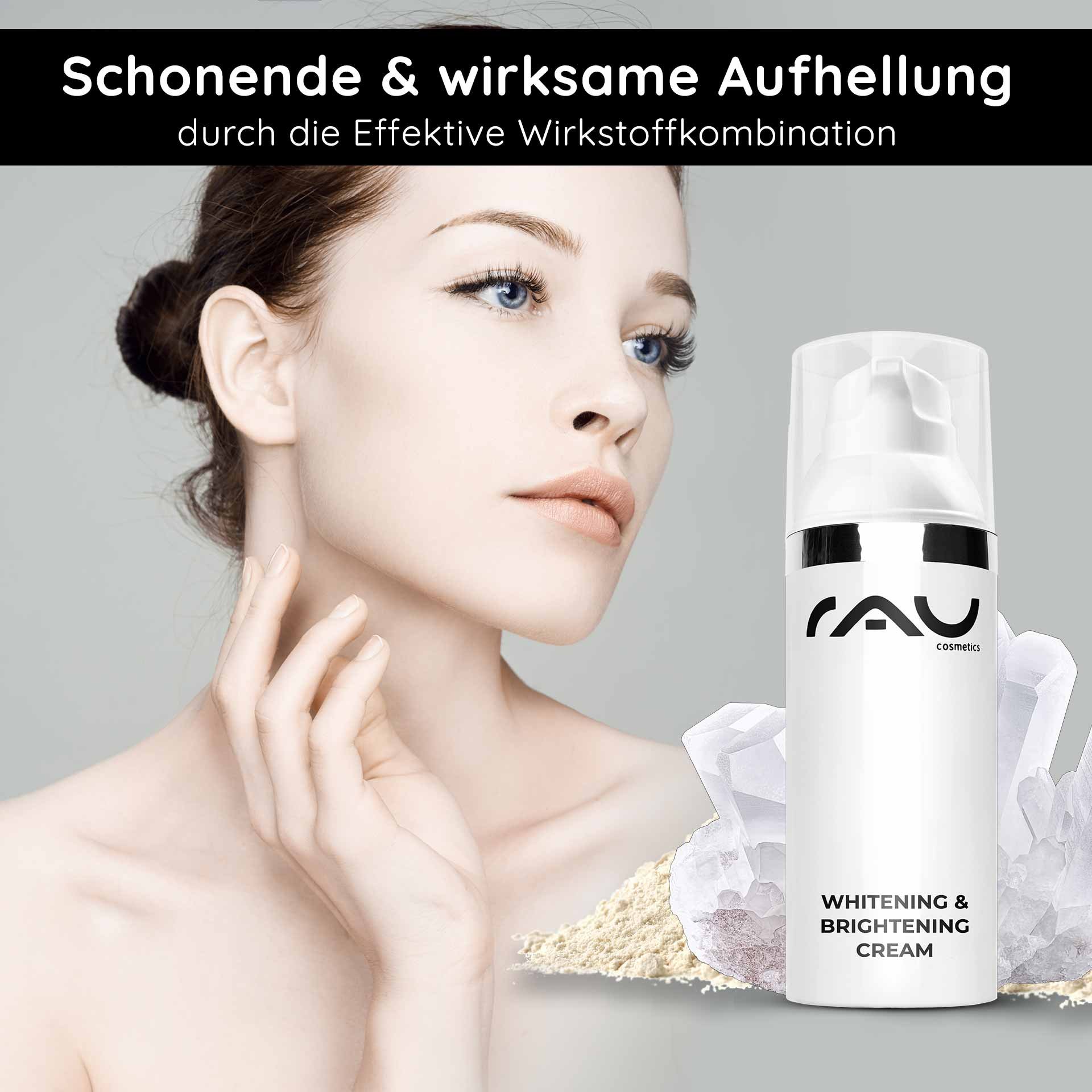 Woman with smooth skin and a gentle touch to the face, presenting RAU Cosmetics Whitening & Brightening Cream with ingredients like niacinamide, on a light background.