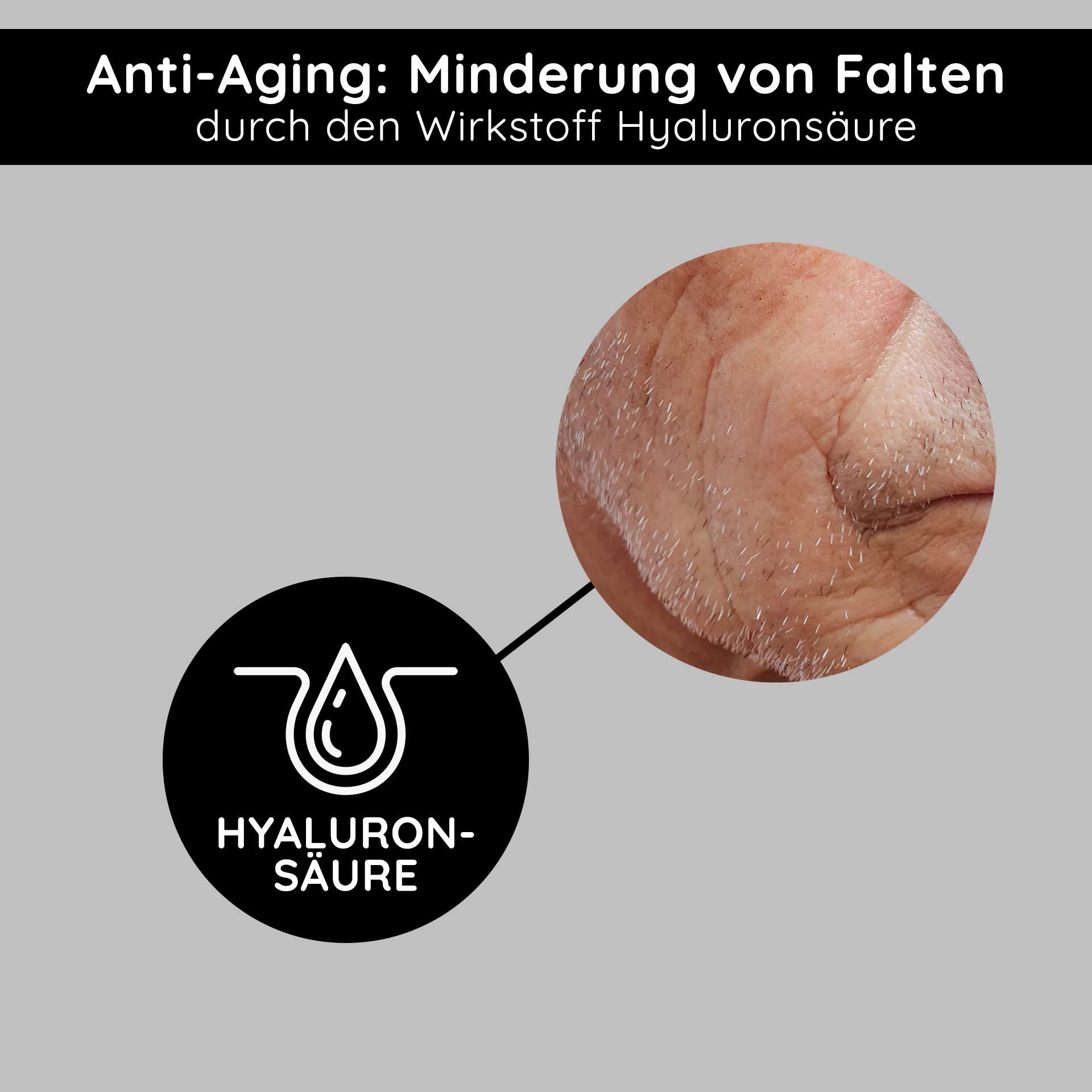 Hyaluron for Men: Close-up of the skin shows the plumping effect to reduce initial fine lines.