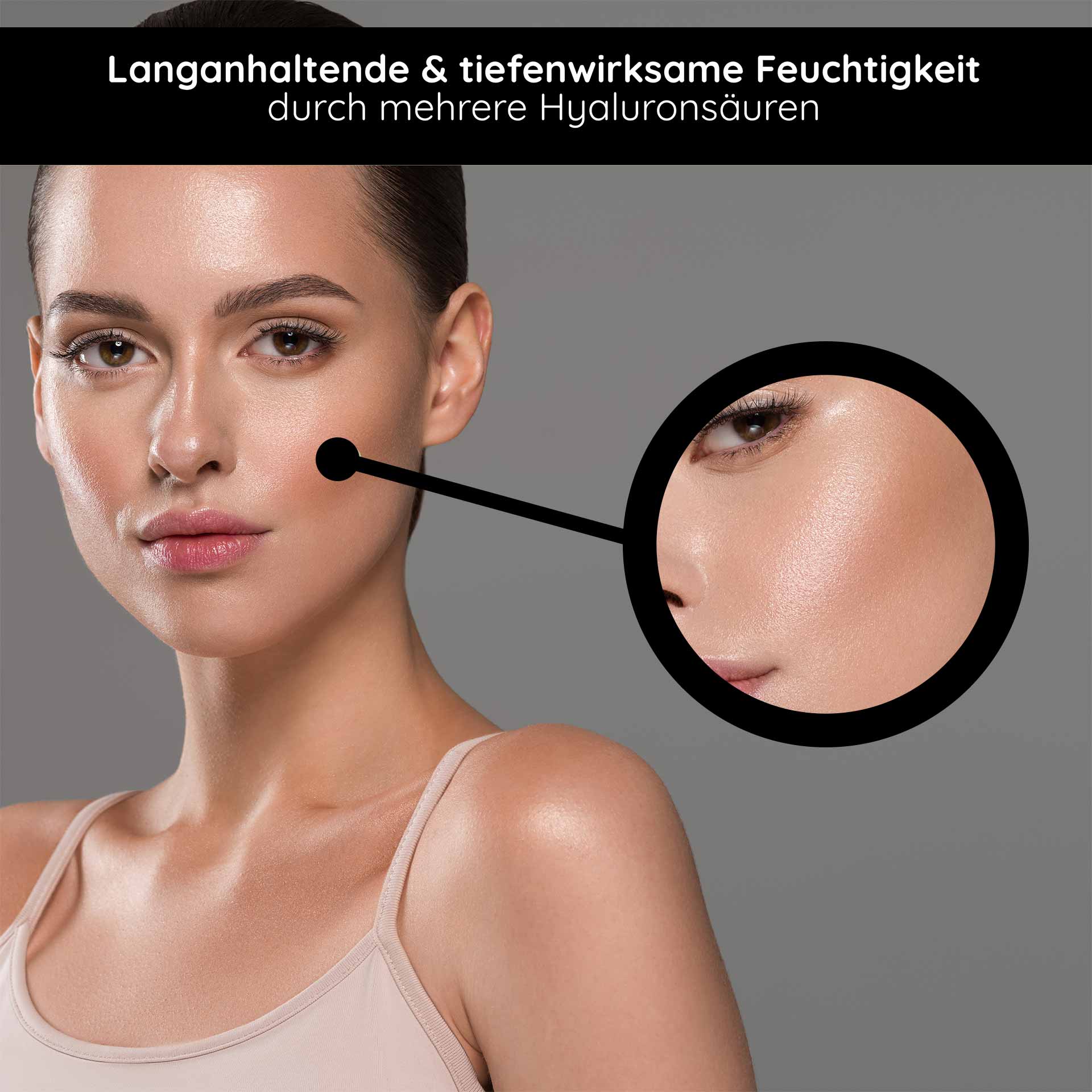 Hyaluron 24h Cream 50 ml Hyaluron Care Cream Frau mit strahlender Haut und betontem Wangenbereich, hervorgehoben durch Nahaufnahme, die die feuchtigkeitsspendenden Eigenschaften der Hyaluron 24h Creme von RAU Cosmetics zeigt.