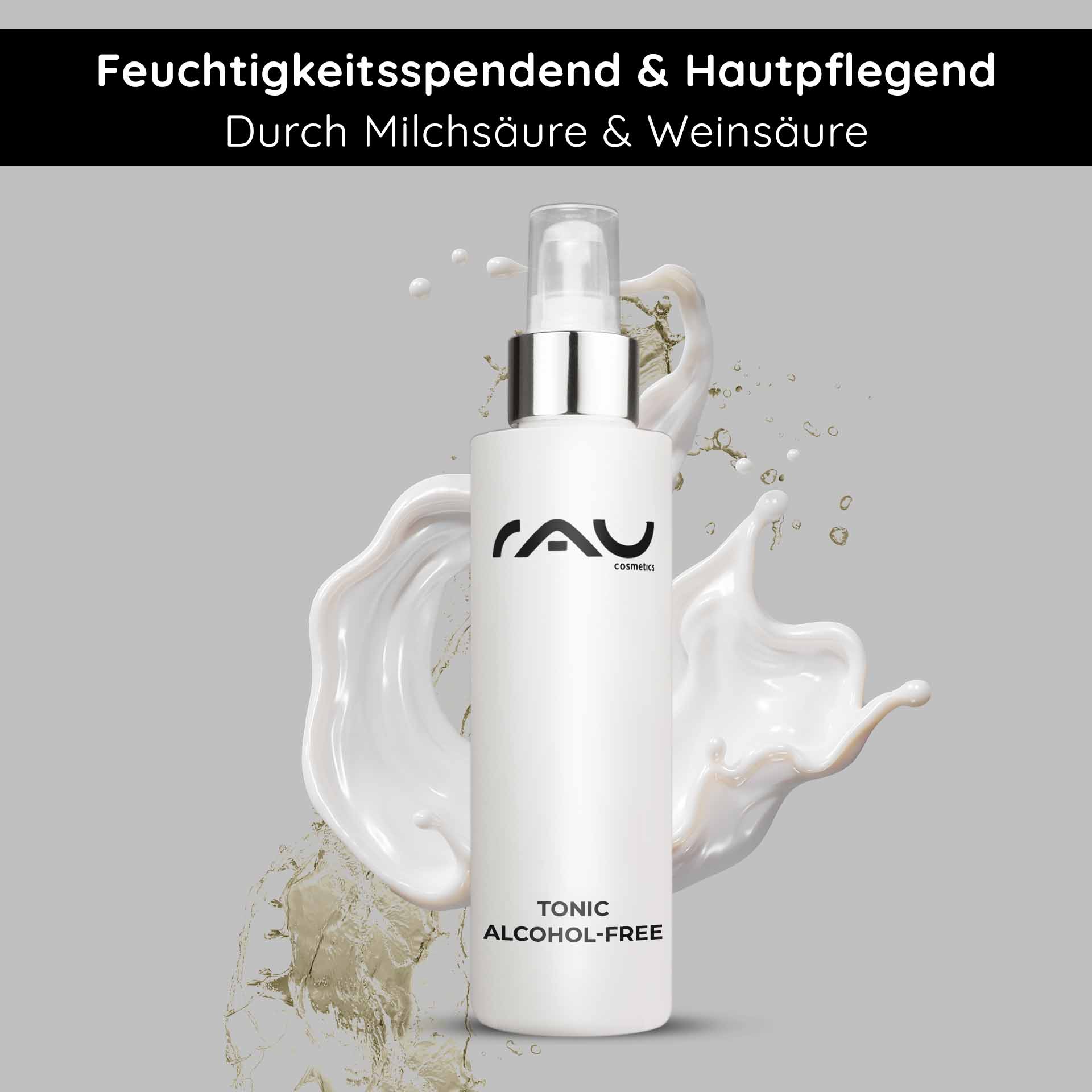 Tonic alcohol-free 200 ml with nettle extract Alkoholfreies Tonic-Flakon von RAU Cosmetics mit Brennnesselextrakt, feuchtigkeitsspendend und hautpflegend, umgeben von Flüssigkeitsspritzern, betont sanfte Gesichtspflege für empfindliche und trockene Haut.
