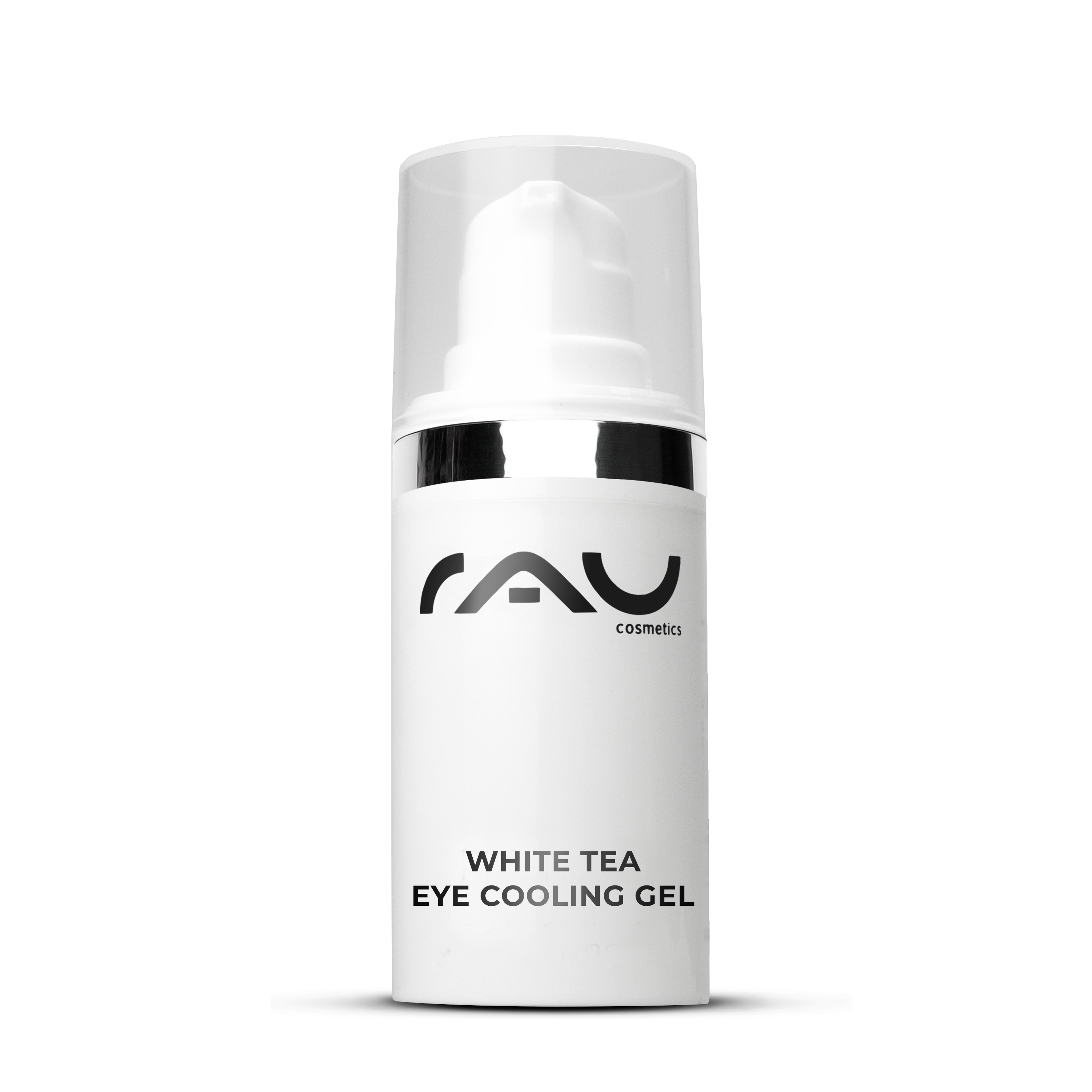 White Tea Eye Cooling Gel 15 ml Anti-Aging Eye Care RAU Cosmetics White Tea Eye Cooling Gel 15 ml, Anti-Aging-Augencreme zur Reduzierung von Augenringen und Schwellungen, in einer eleganten weißen Flasche mit Pumpspender.