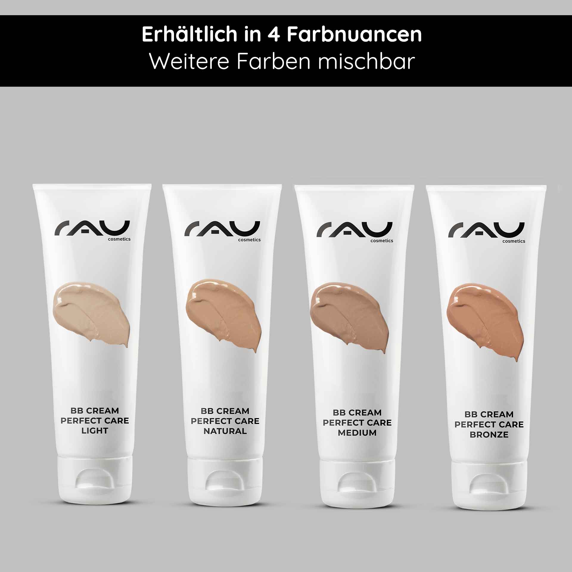 BB Cream Perfect Care Light 75 ml SPF12 Make-up & Care BB Cream Perfect Care in den Farbtönen Light, Natural, Medium und Bronze in Tuben mit dem Markenzeichen von RAU Cosmetics, das die Vielseitigkeit für unterschiedliche Hauttöne unterstreicht.