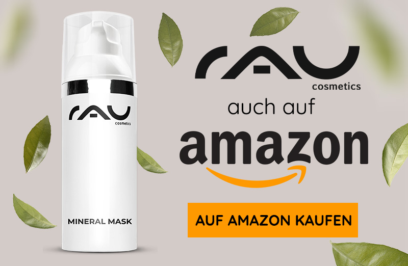 Mineralmaske von RAU Cosmetics in eleganter Verpackung mit Amazon Branding und natΓΌrlichen BlΓ€ttern.