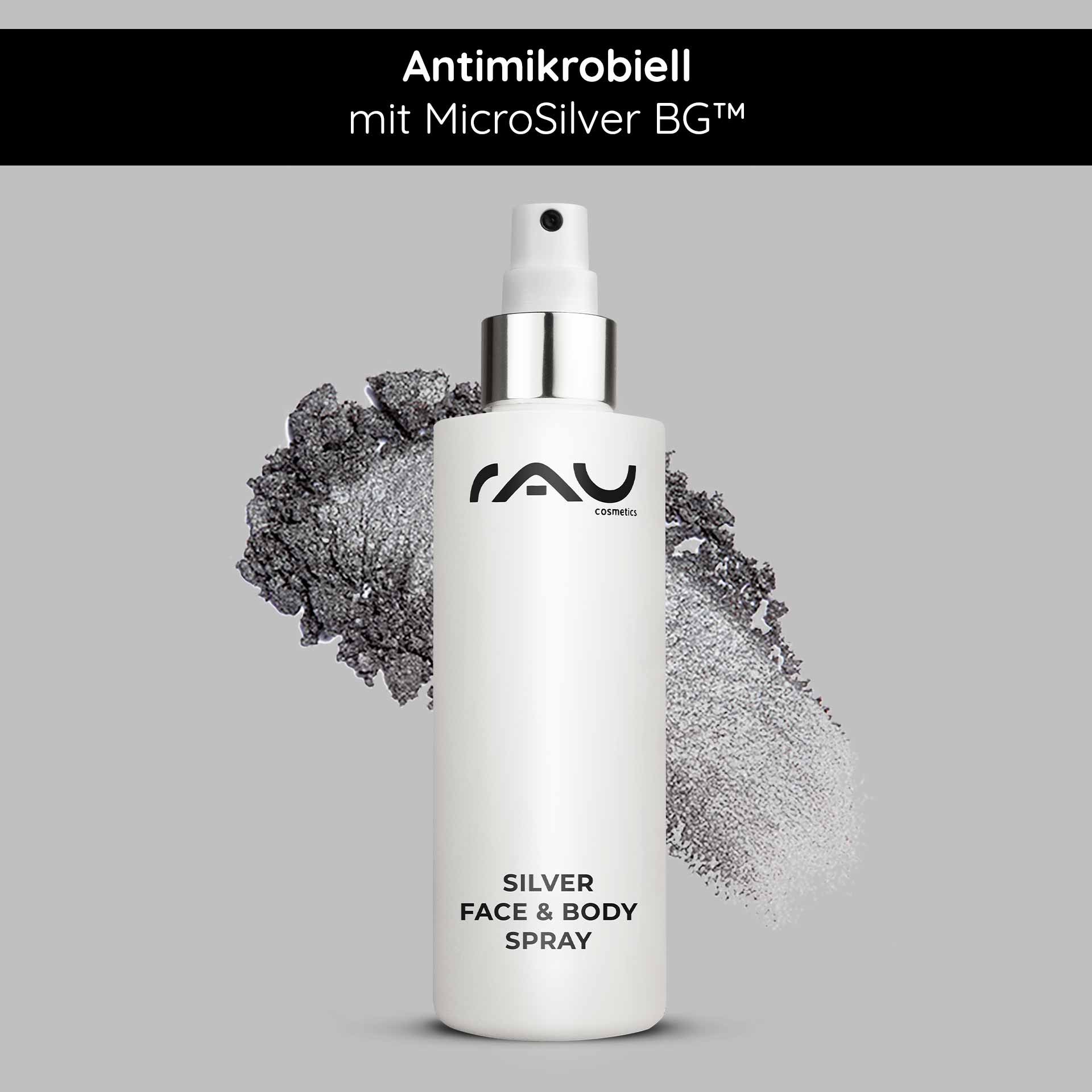 RAU Silver Face and Body Spray white bottle with antibacterial label on textured background.
