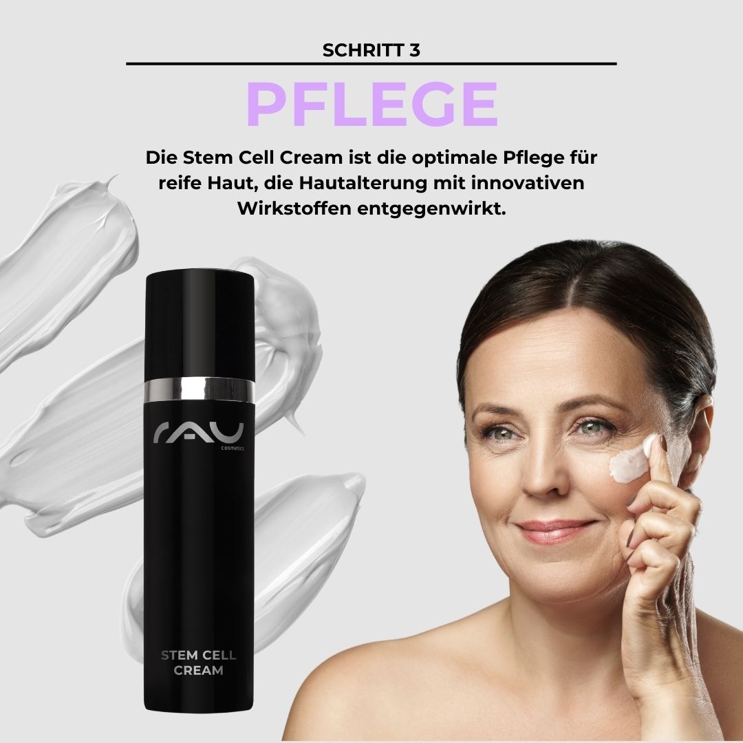 Basic care routine for mature skin RAU Stem Cell Cream für reife Haut, Frau, die Creme auf ihr Gesicht aufträgt, Anti-Aging-Hautpflegeroutine, innovative Inhaltsstoffe, Vorteile für die Hautpflege.