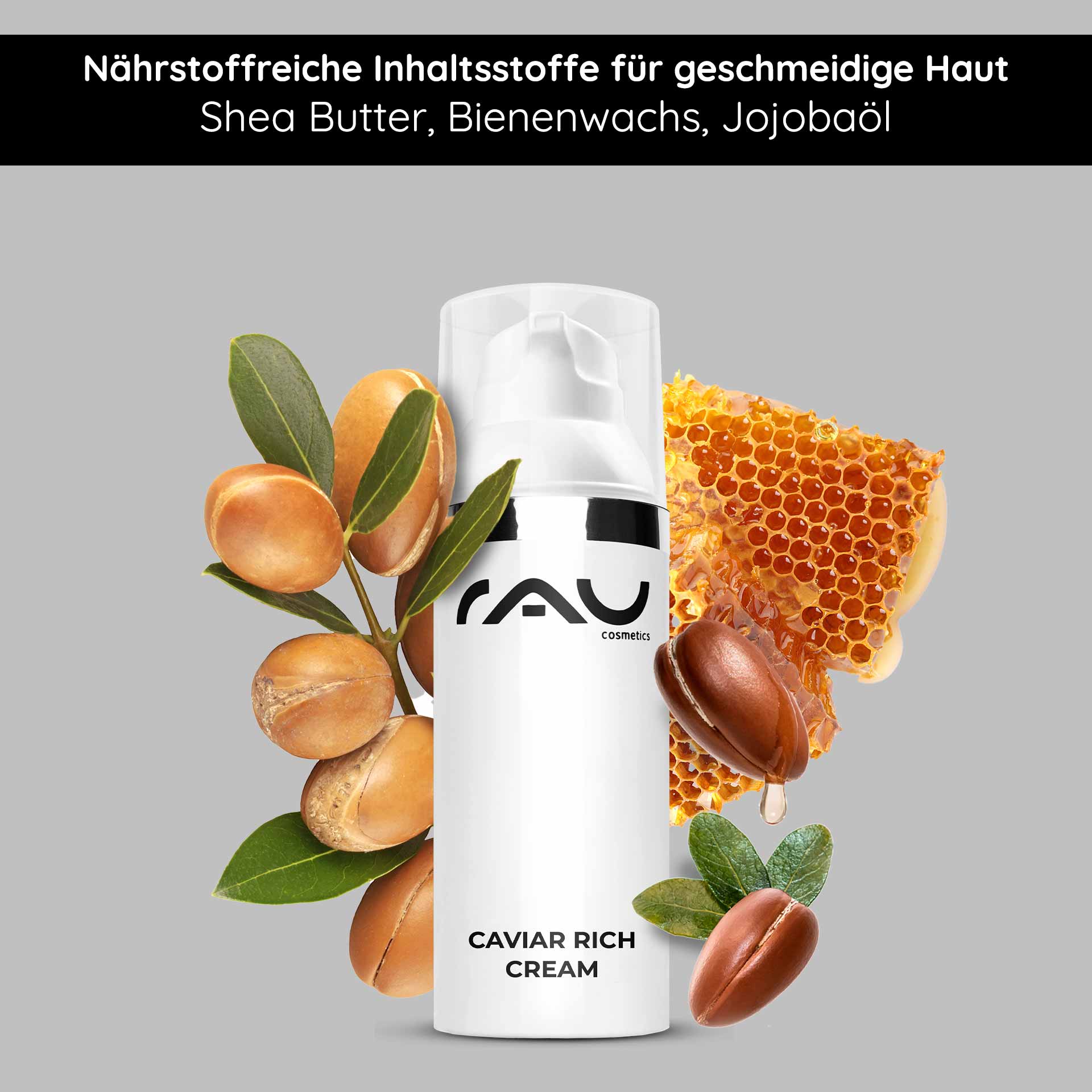 Caviar Rich Cream 50 ml Rich anti-age cream Caviar Rich Cream von RAU Cosmetics mit pflegenden Inhaltsstoffen wie Sheabutter, Bienenwachs und Jojobaöl für glatte und hydratisierte Haut.
