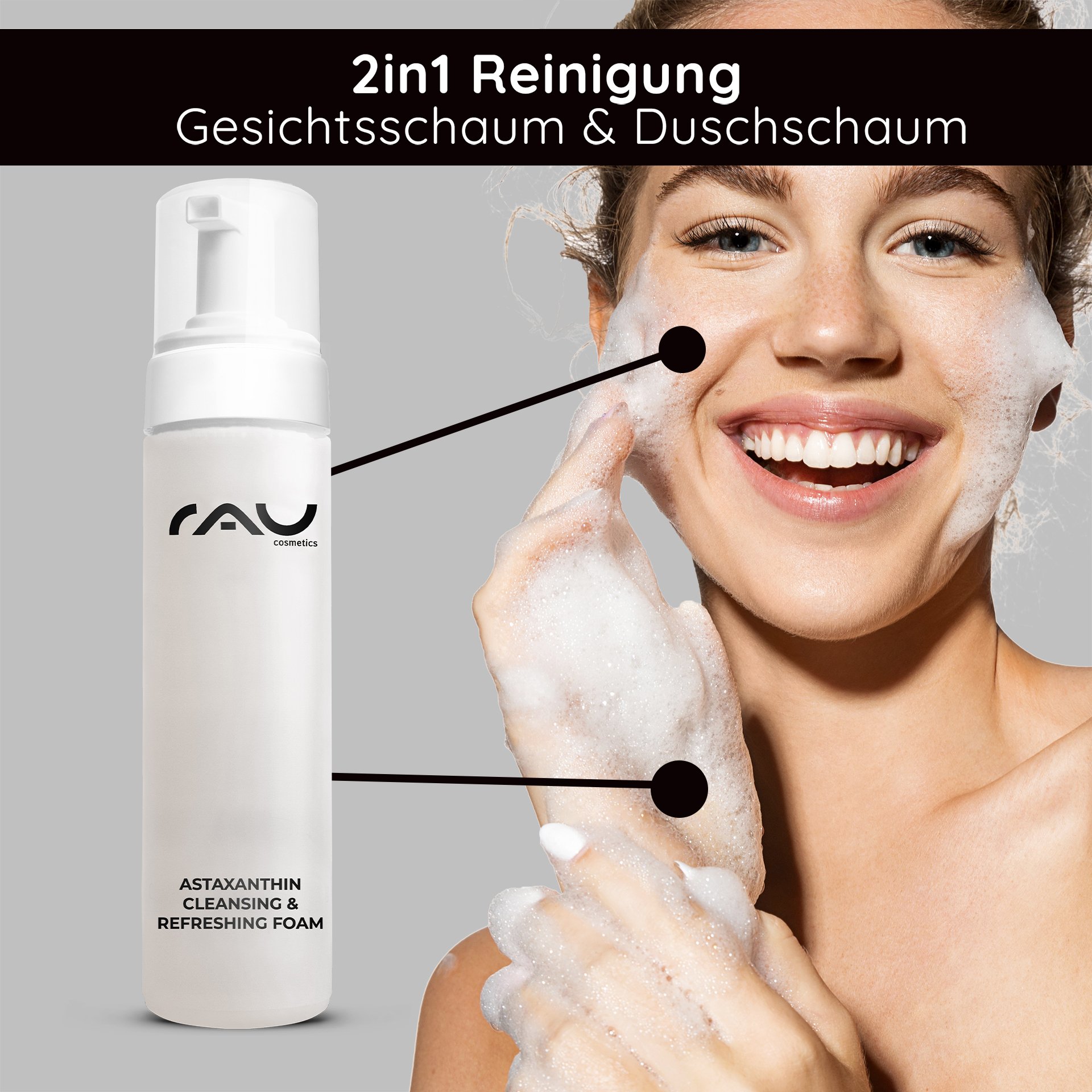 Application of RAU Astaxanthin Cleansing Foam on the face with creamy foam