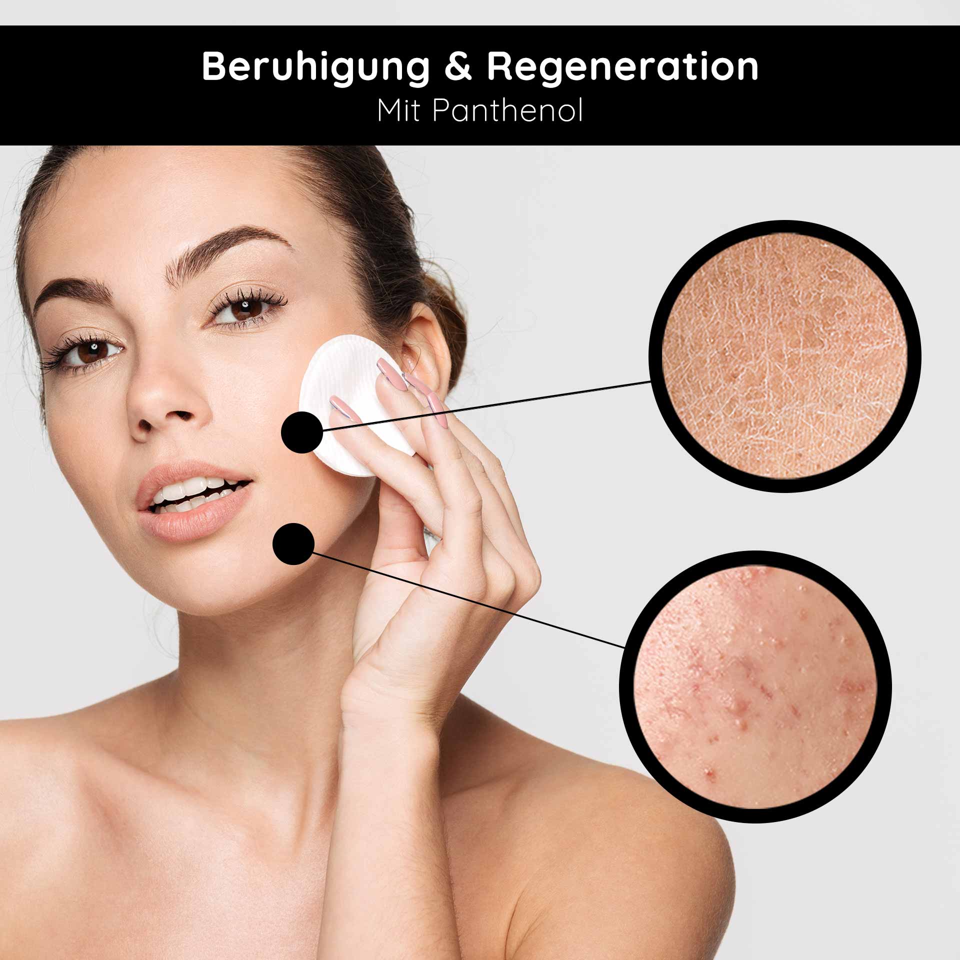 Retinol Serum Roll-On 10 ml - Vitamin A serum for dry and mature skin Frau mit Wattepad auf dem Gesicht, Anwendung von Hautpflege mit Panthenol, Hautverfeinerung und Regeneration, betonte Hautunreinheiten und trockene Stellen.