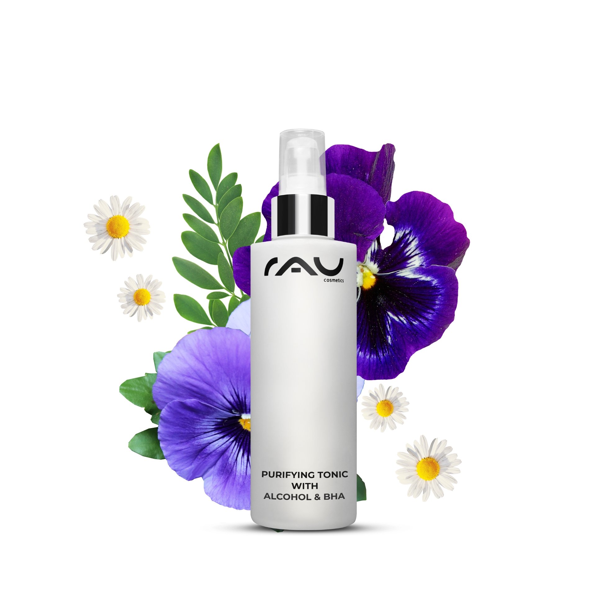 Bottle of Purifying Tonic with alcohol & BHA 200 ml next to a flowering plant.