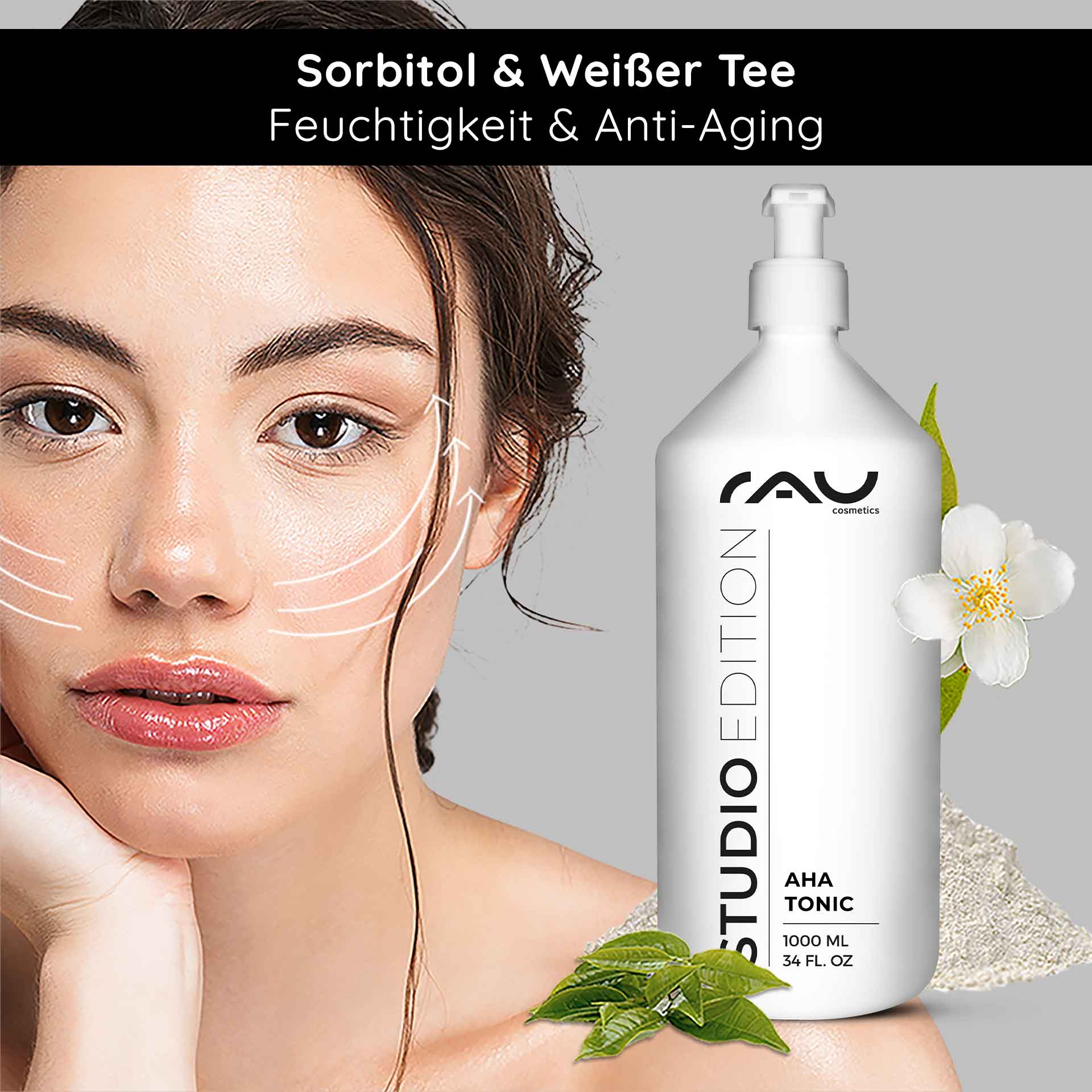 AHA Tonic 1000 ml mild fruit acid tonic AHA Tonic 1000-ml-Flasche von RAU Cosmetics mit floralen Akzenten, mit einem Modell, das die Vorteile der Hautpflege demonstriert und Feuchtigkeit und Anti-Aging-Eigenschaften hervorhebt.