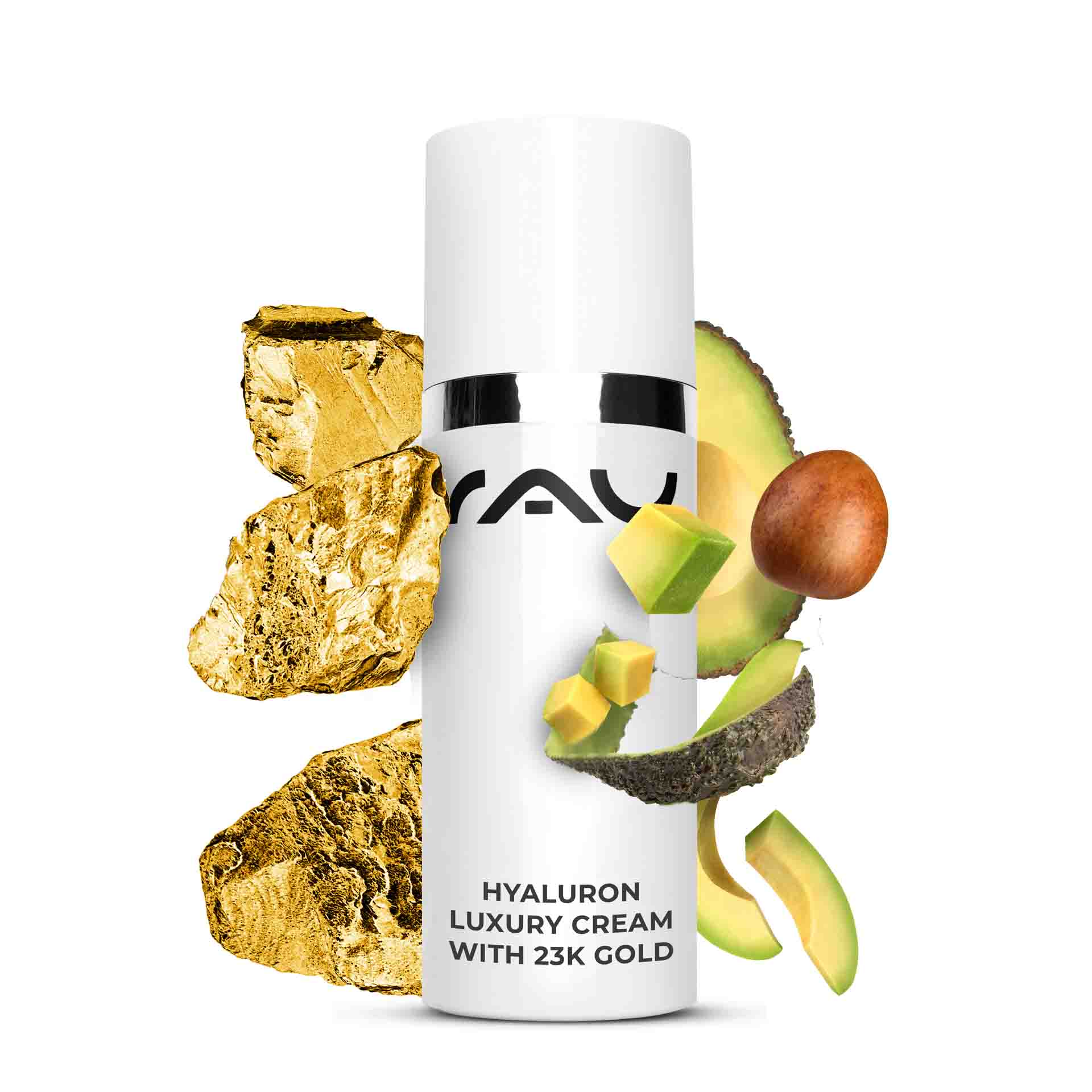 Hyaluron Luxury Cream with 23k Gold 50 ml Anti Age Cream Hyaluron-Luxuscreme mit 23 Karat Gold, mit Goldpartikeln und Avocado, fördert die Feuchtigkeitsversorgung und hat Anti-Aging-Vorteile, ideal für trockene Haut, von RAU Cosmetics.