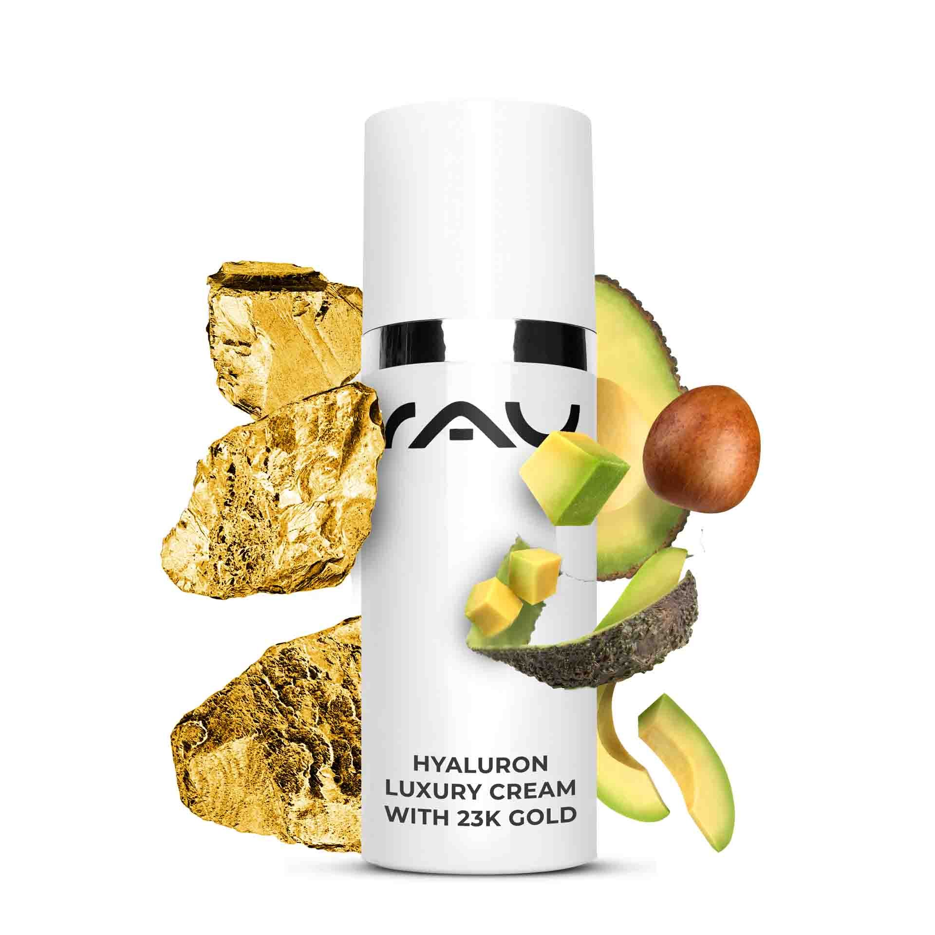 Hyaluron-Luxuscreme mit 23 Karat Gold, mit Goldpartikeln und Avocado, fördert die Feuchtigkeitsversorgung und hat Anti-Aging-Vorteile, ideal für trockene Haut, von RAU Cosmetics.