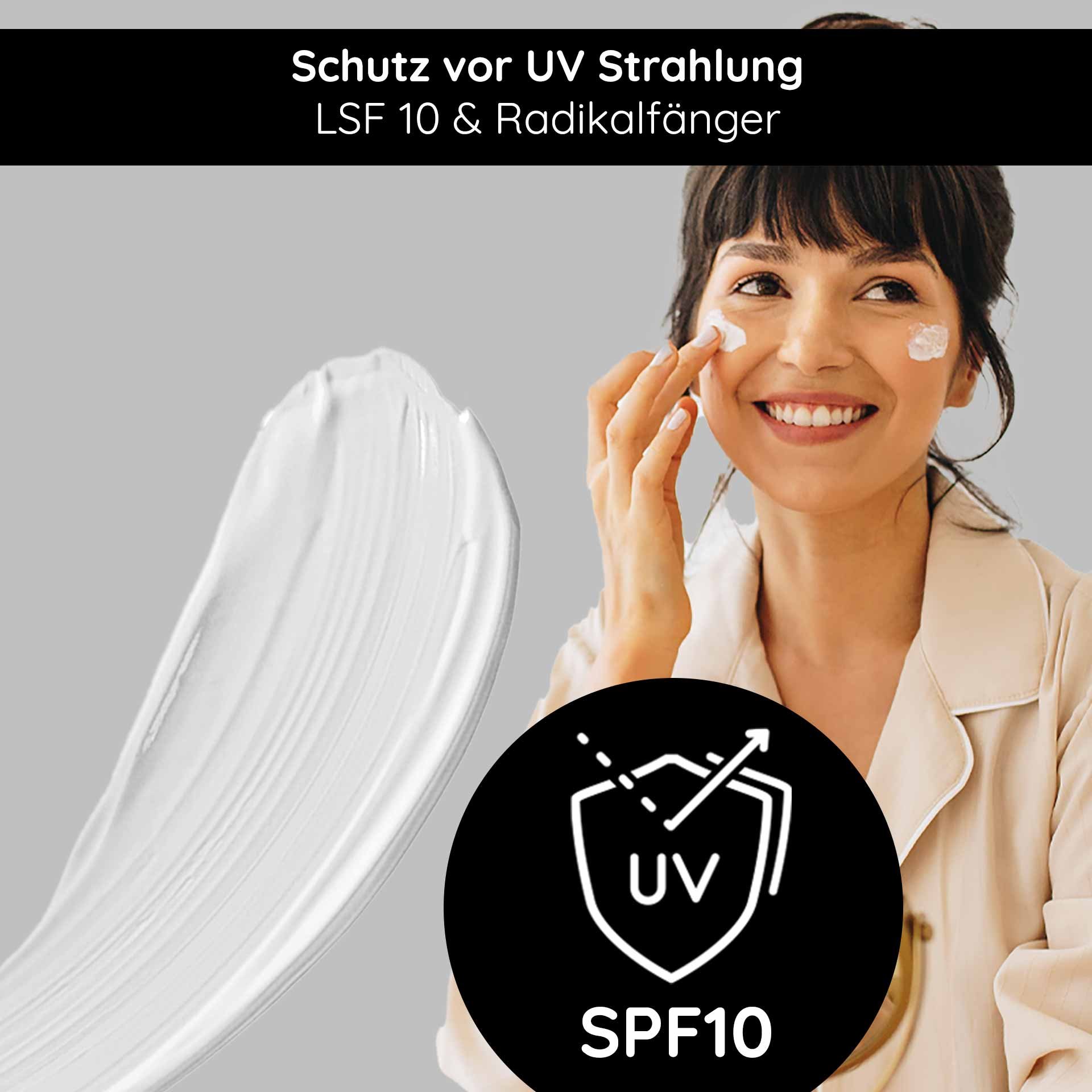 Application of Hyaluron Cream SPF 10: A smiling woman applying the protective day cream, which protects against UV radiation and is ideal for dry skin.