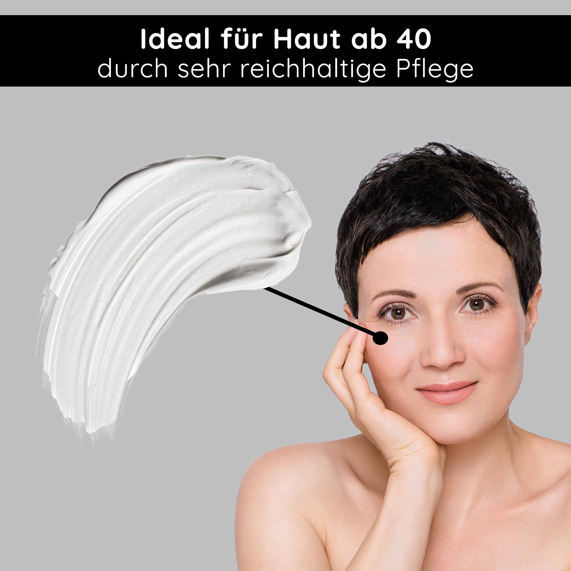 Stem Cell Eye Cream 15 ml Anti Aging Eye Cream RAU Cosmetics Stem Cell Eye Cream – luxuriöse Augencreme mit pflanzlichen Stammzellen aus Traube, Alpenrose und Schweizer Apfel. Abbildung des Produkts in einem eleganten Tiegel mit silbernem Deckel.