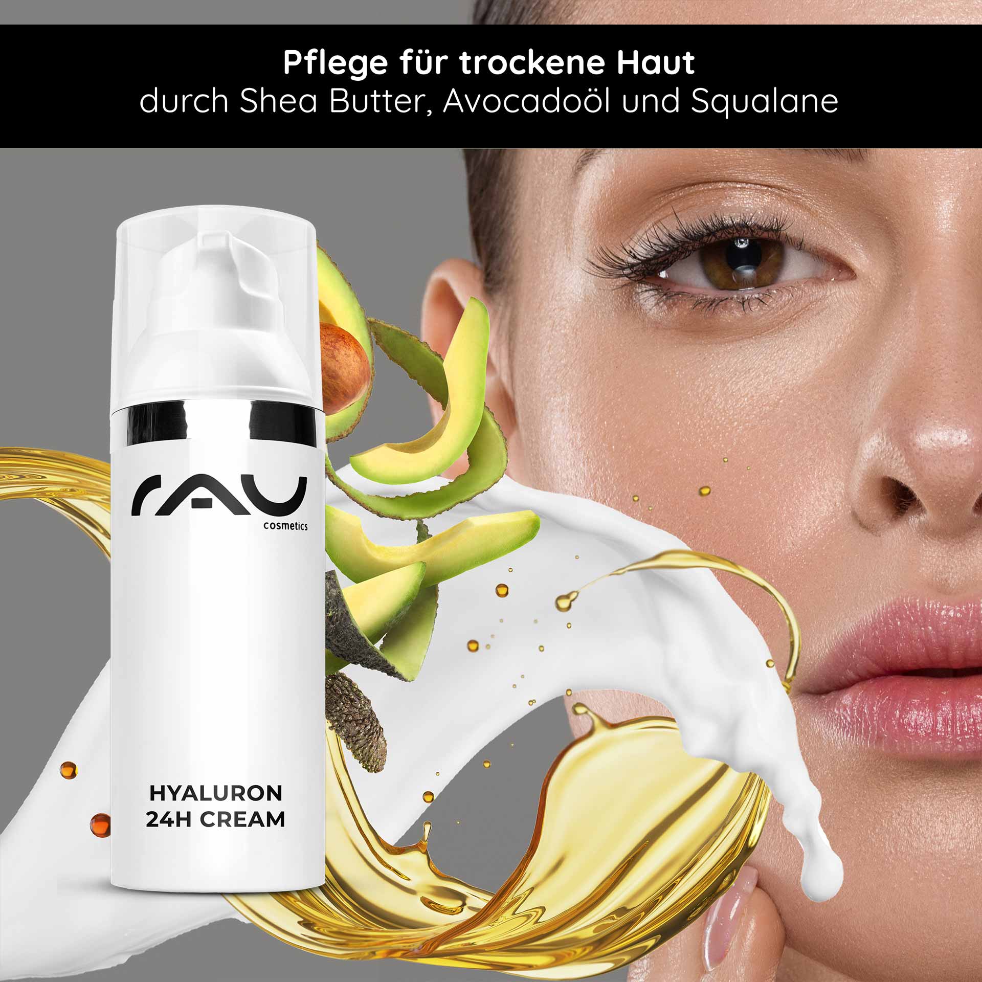Hyaluron 24h Cream 50 ml Hyaluron Care Cream Flasche RAU Hyaluron 24h Creme mit Sheabutter, Avocadoscheiben und flüssigem Gold auf dem Gesicht einer Frau, betont die Feuchtigkeitsversorgung trockener Haut.