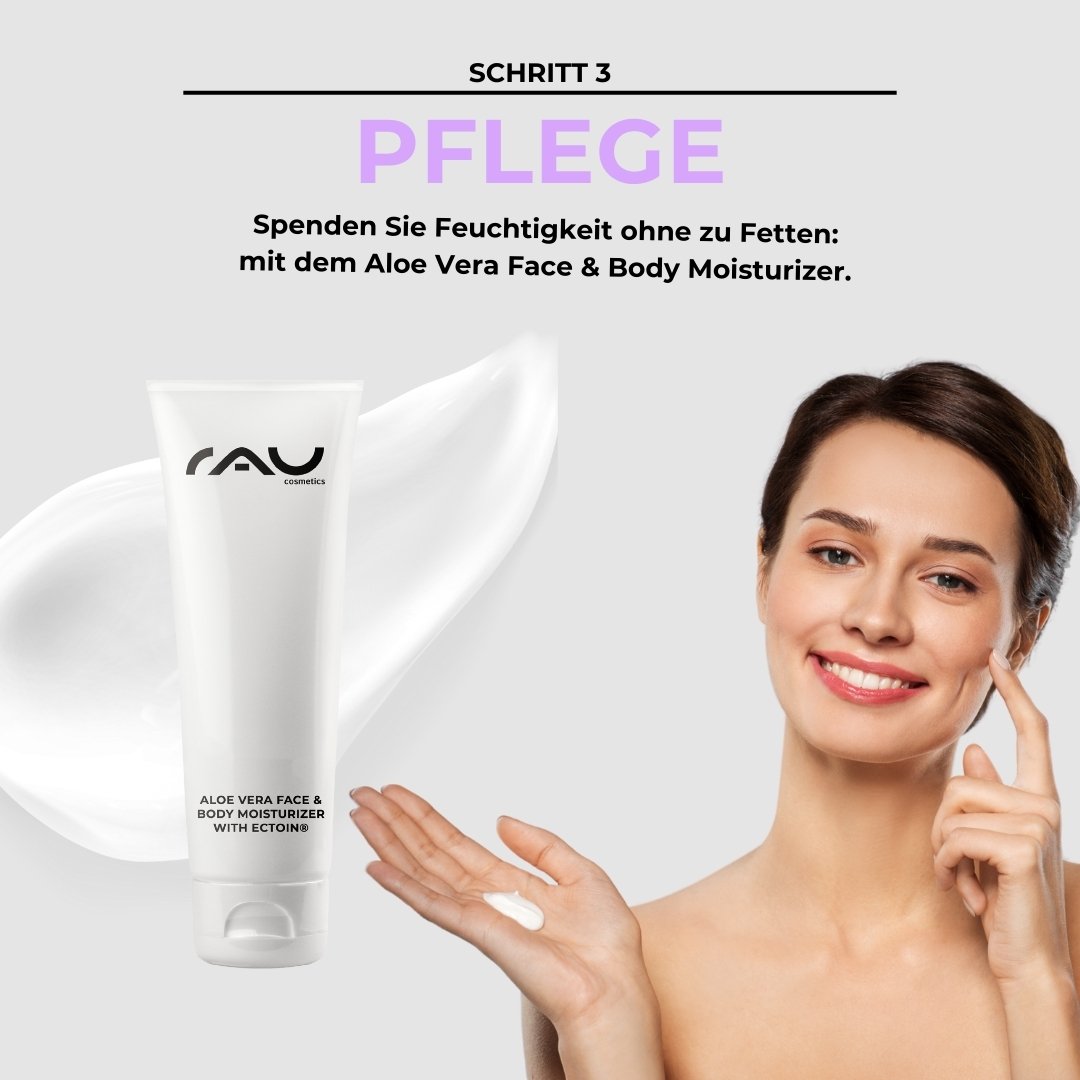 Aloe Vera face and body moisturizer from RAU Cosmetics, woman applies moisturizer, step 3 of the skincare routine for mixed skin, focusing on hydration without greasiness.