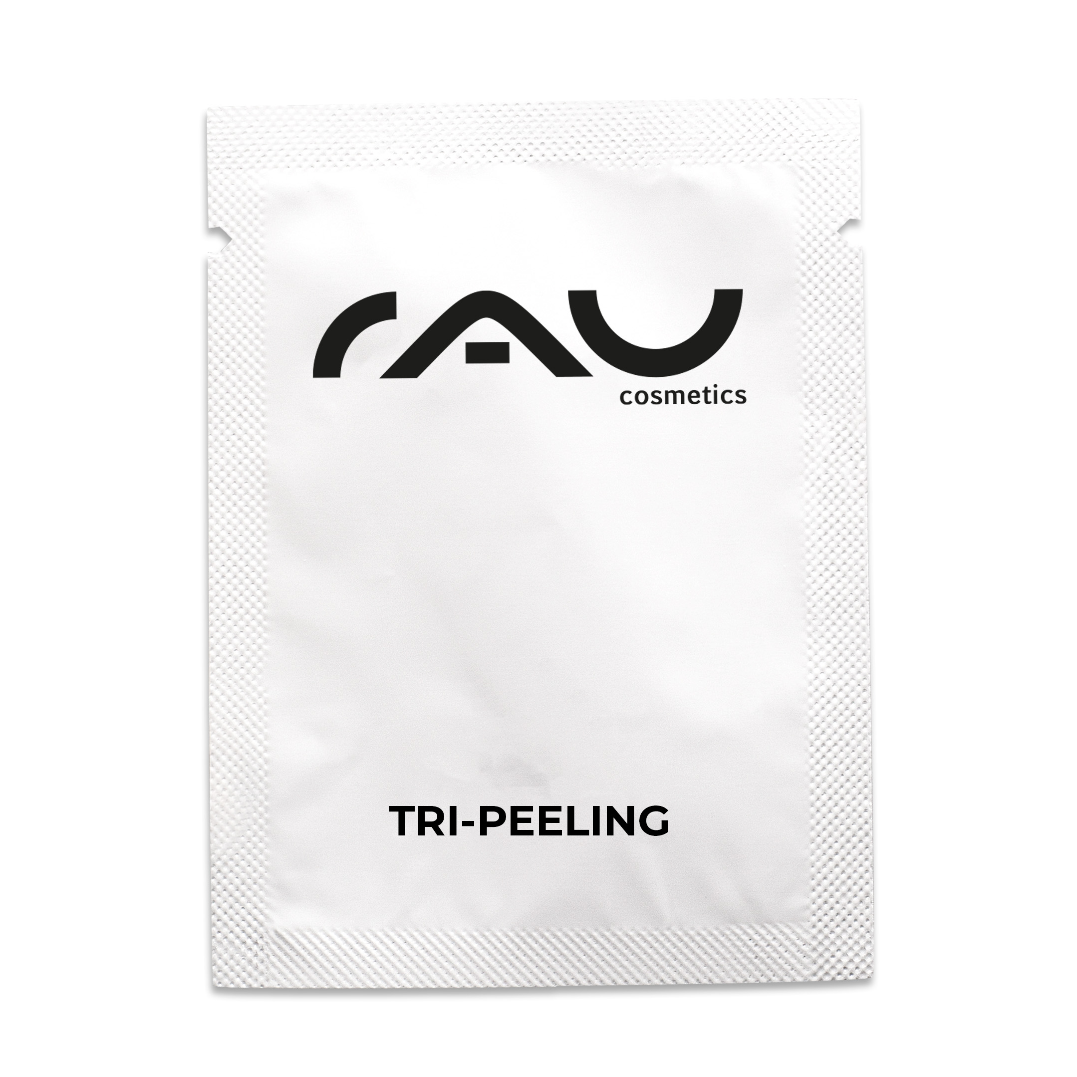 RAU Cosmetics Tri-Peeling-Beutelverpackung mit enzymatischem Fruchtsäurepeeling für sanftes Peeling und verbesserte Hautstruktur.