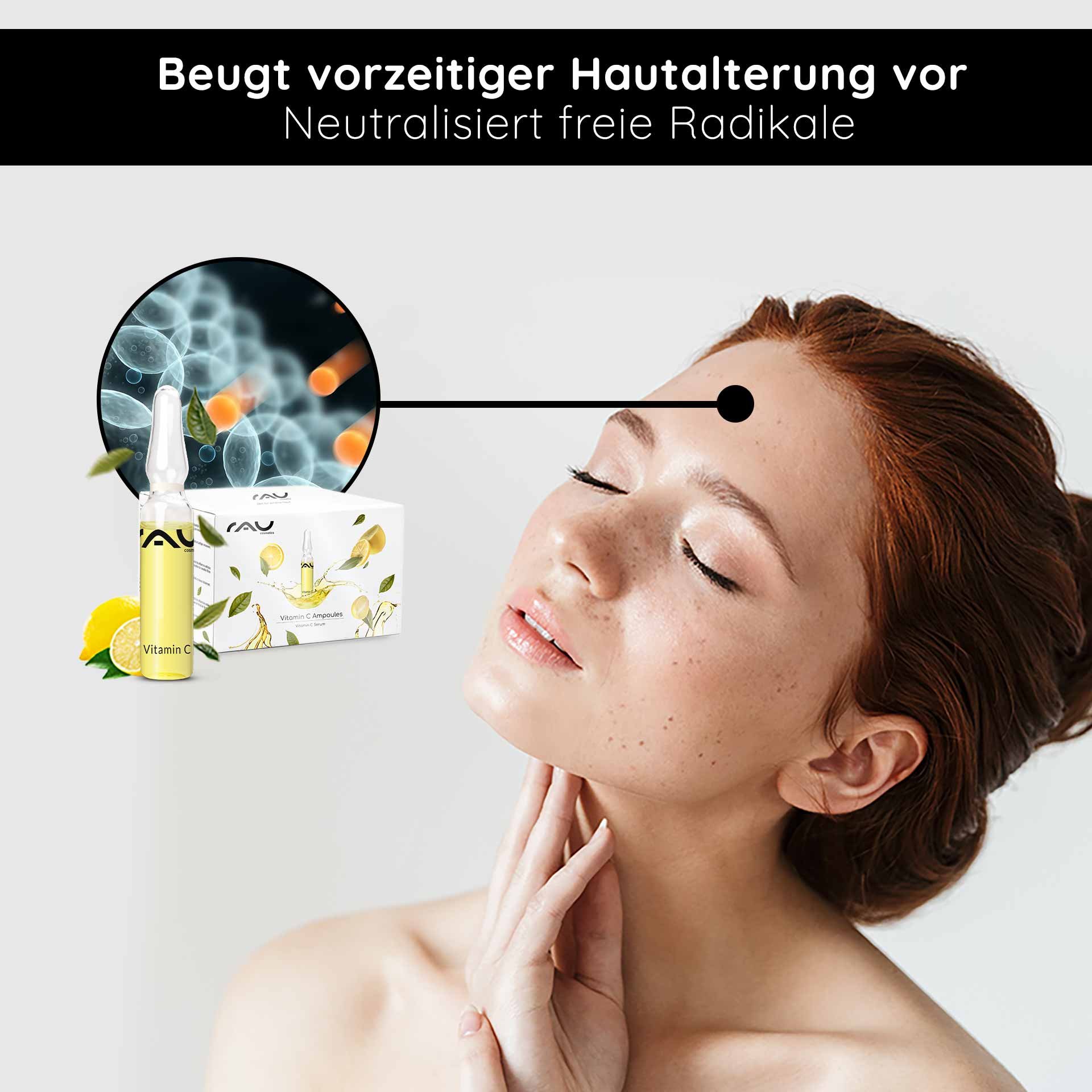 Vitamin C ampulle von RAU Cosmetics mit Zitrusfrüchten, Frau mit strahlender Haut und geschlossenen Augen, betont Anti-Aging-Effekte und Schutz vor freien Radikalen.