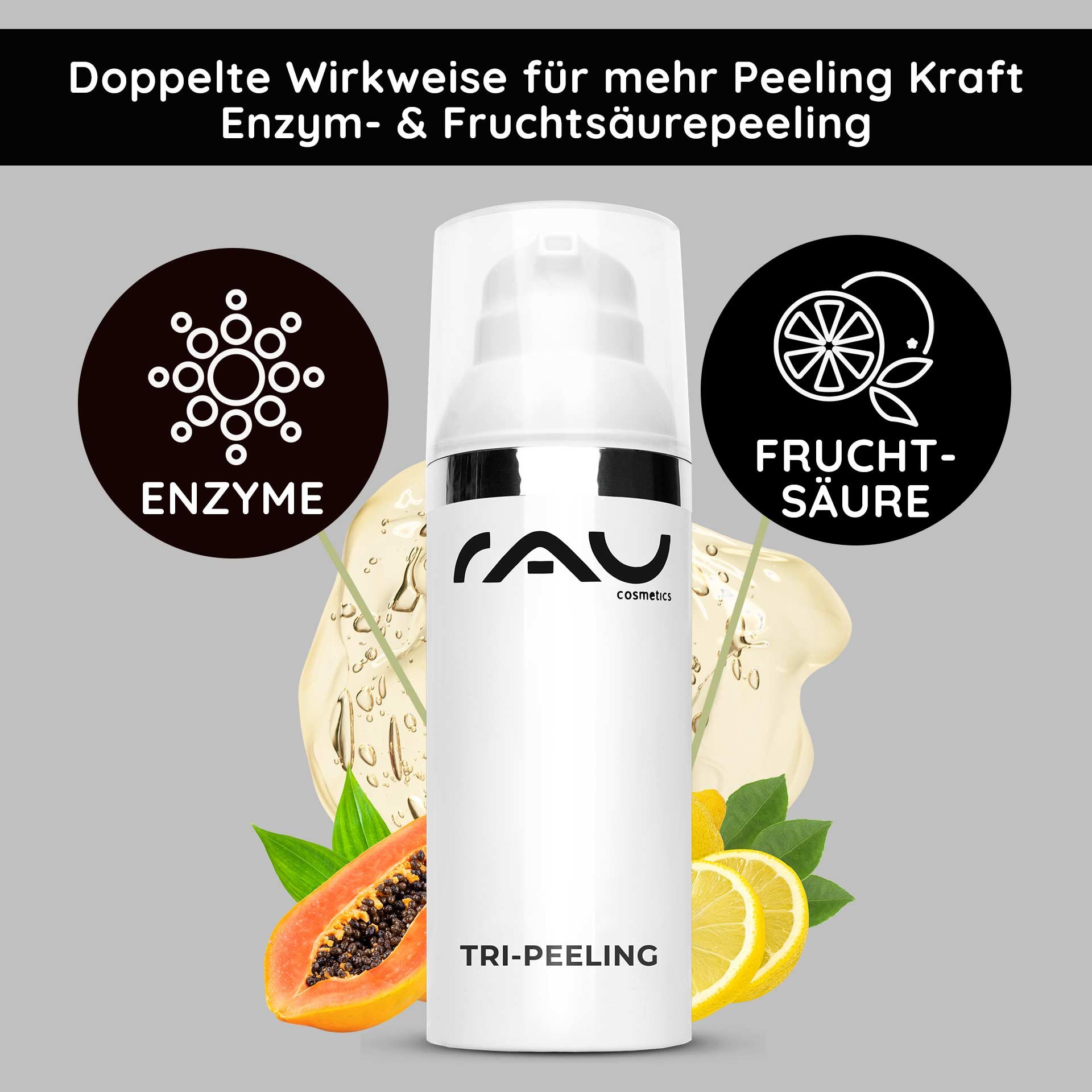 A person applies the white Tri-Peeling point by point with fingertips to the cheek area of the face.