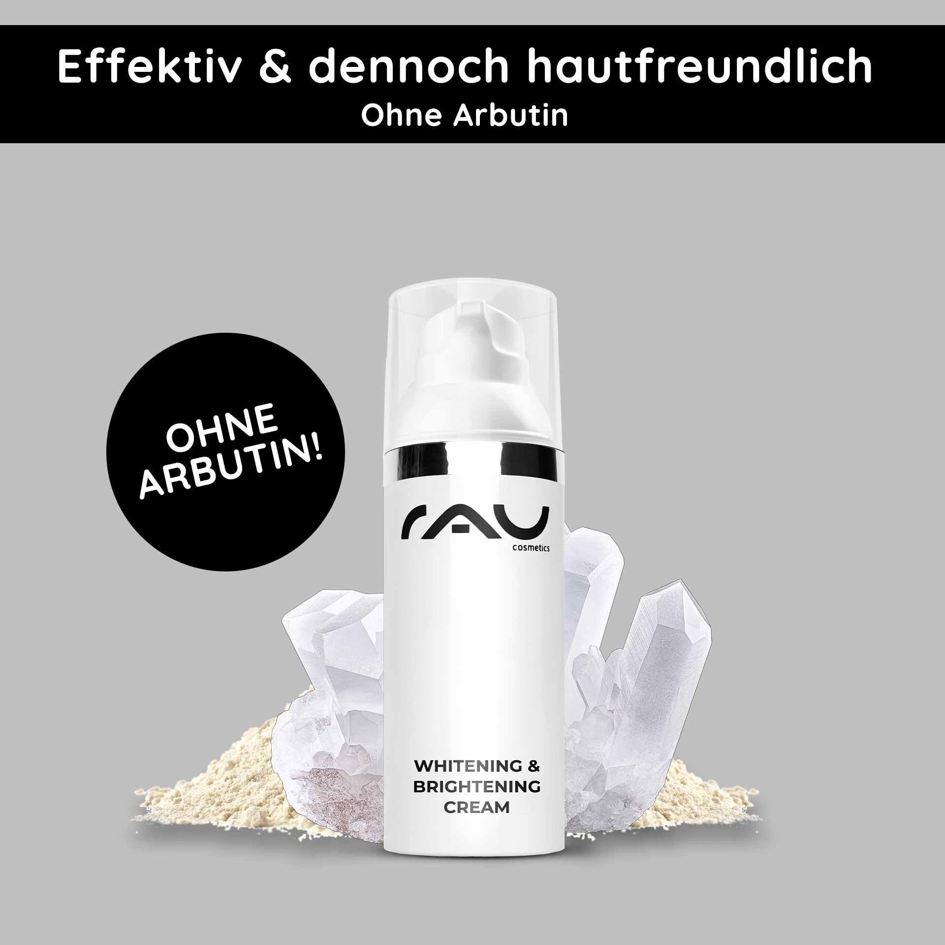RAU Cosmetics Whitening & Brightening Cream bottle with text "Effective yet skin-friendly" and "WITHOUT ARBUTIN!" against a gray background, featuring crystal and powder elements.