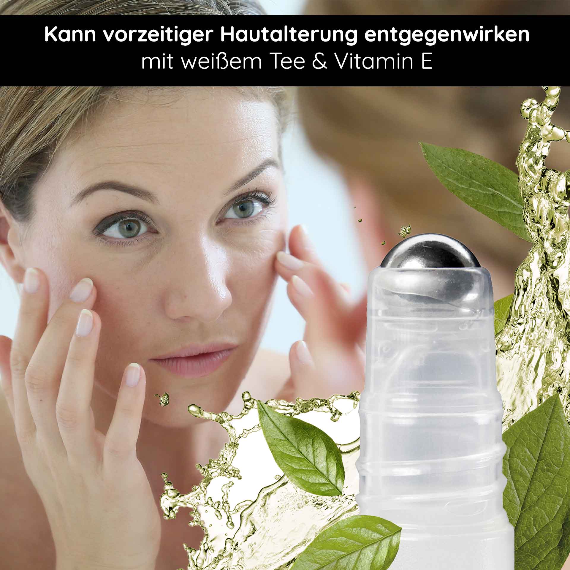 White Tea Express Lift Roll On Anti-Aging Serum in Roll-On Frau mit Roll-On-Applikator, der White Tea Express Lift Serum auf die Haut aufträgt, um vorzeitiger Hautalterung entgegenzuwirken, umgeben von grünen Blättern und Flüssigkeitselementen.