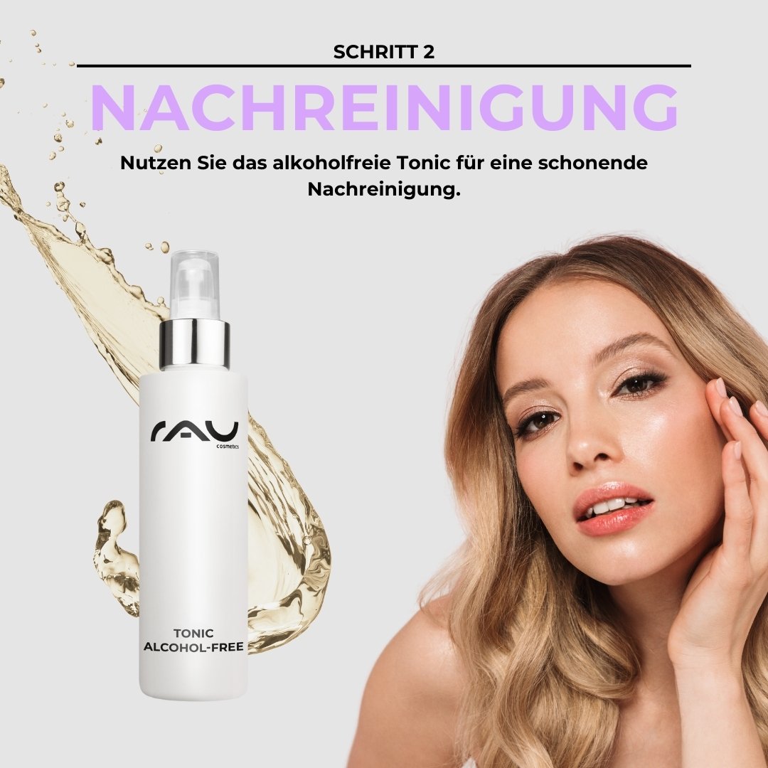 Alcohol-free Tonic bottle by RAU Cosmetics with a model demonstrating a step of the skincare routine for normal skin.