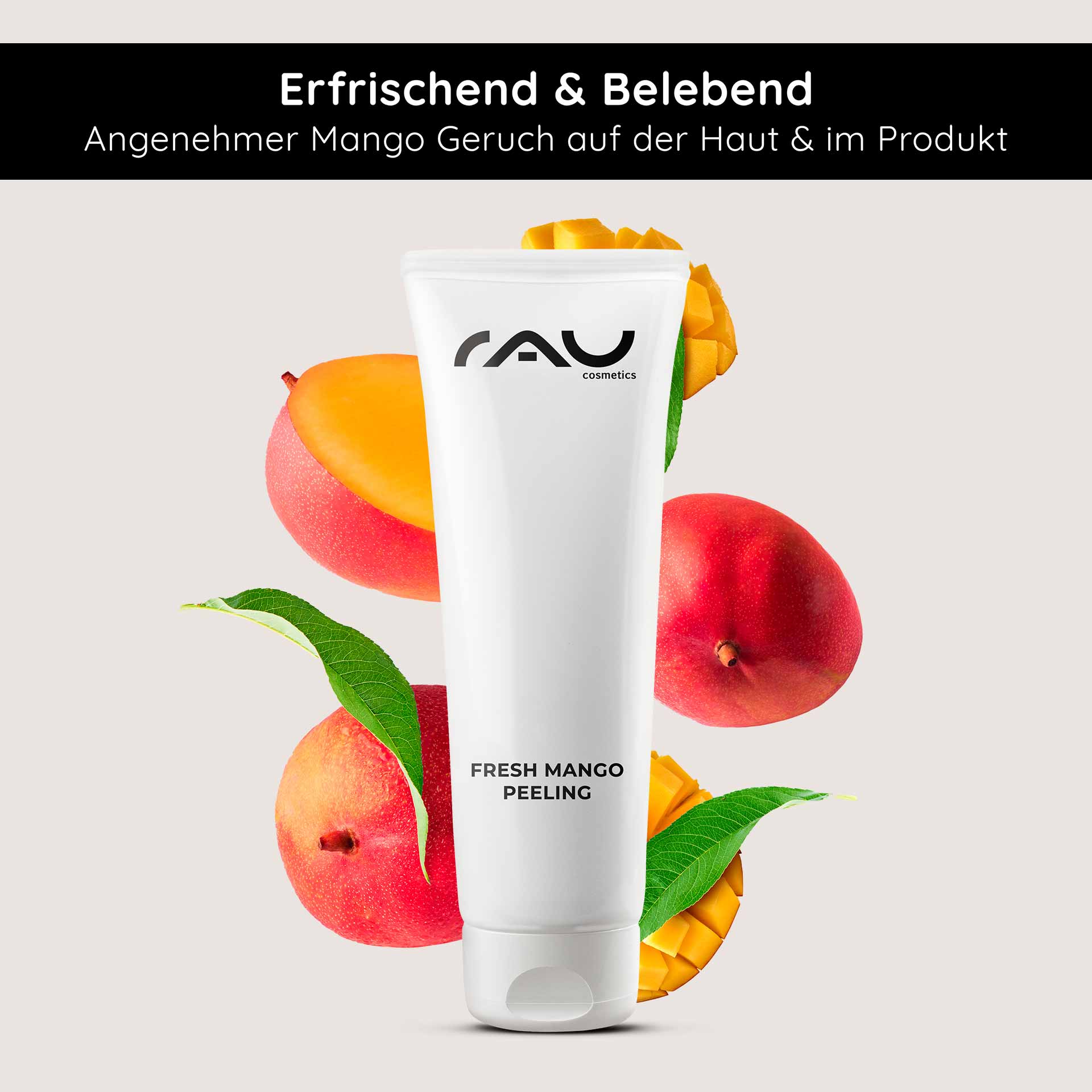 Fresh Mango Peeling 75 ml Enzyme Peeling with Mango Fragrance Tube RAU Cosmetics Fresh Mango Peeling, umgeben von Mangos und Blättern, mit erfrischendem Mangoduft und hervorgehobenen Vorteilen für die Haut.