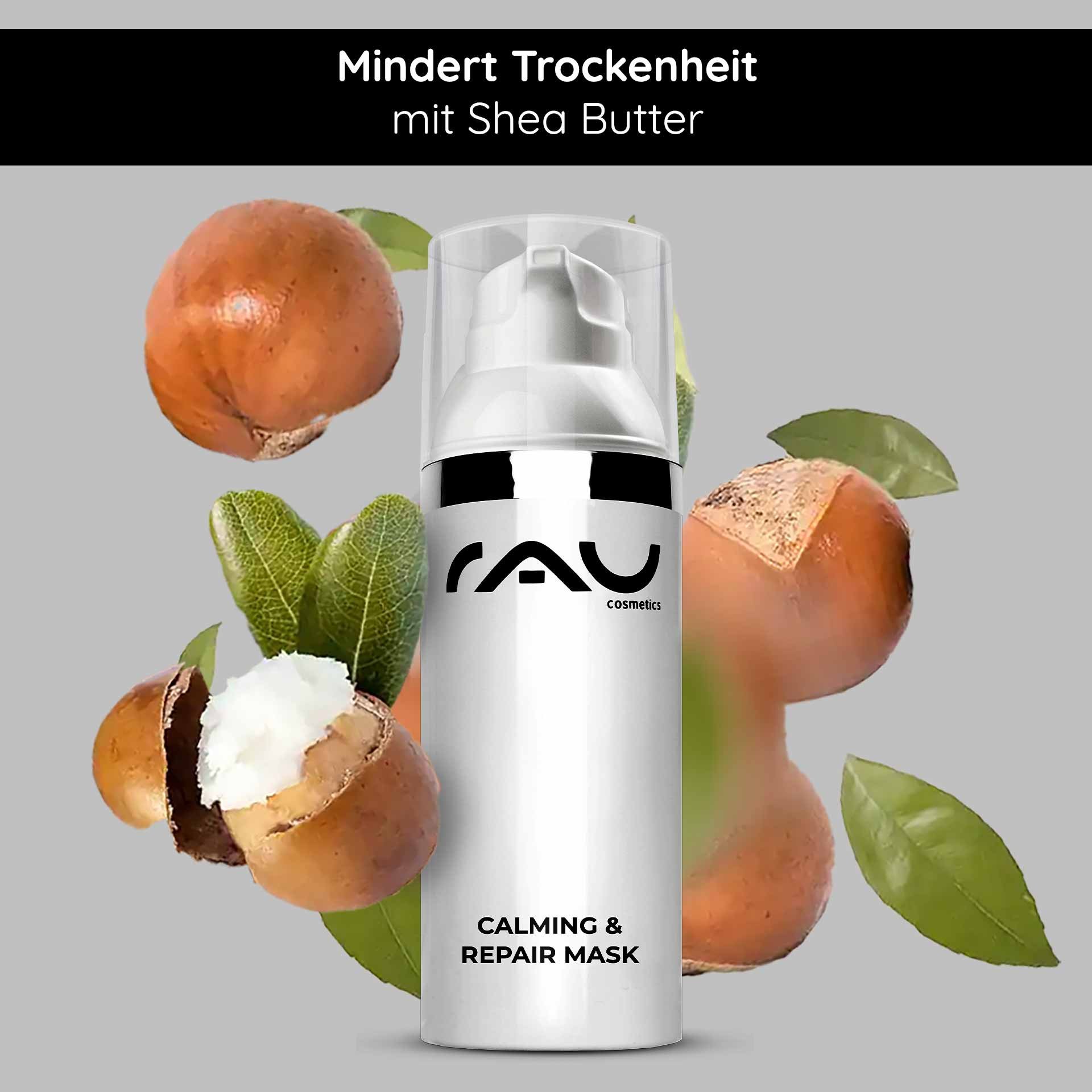 RAU Cosmetics Calming & Repair Mask with shea butter, surrounded by hazelnuts and shea butter, emphasizing the hydration and soothing properties for dry skin.