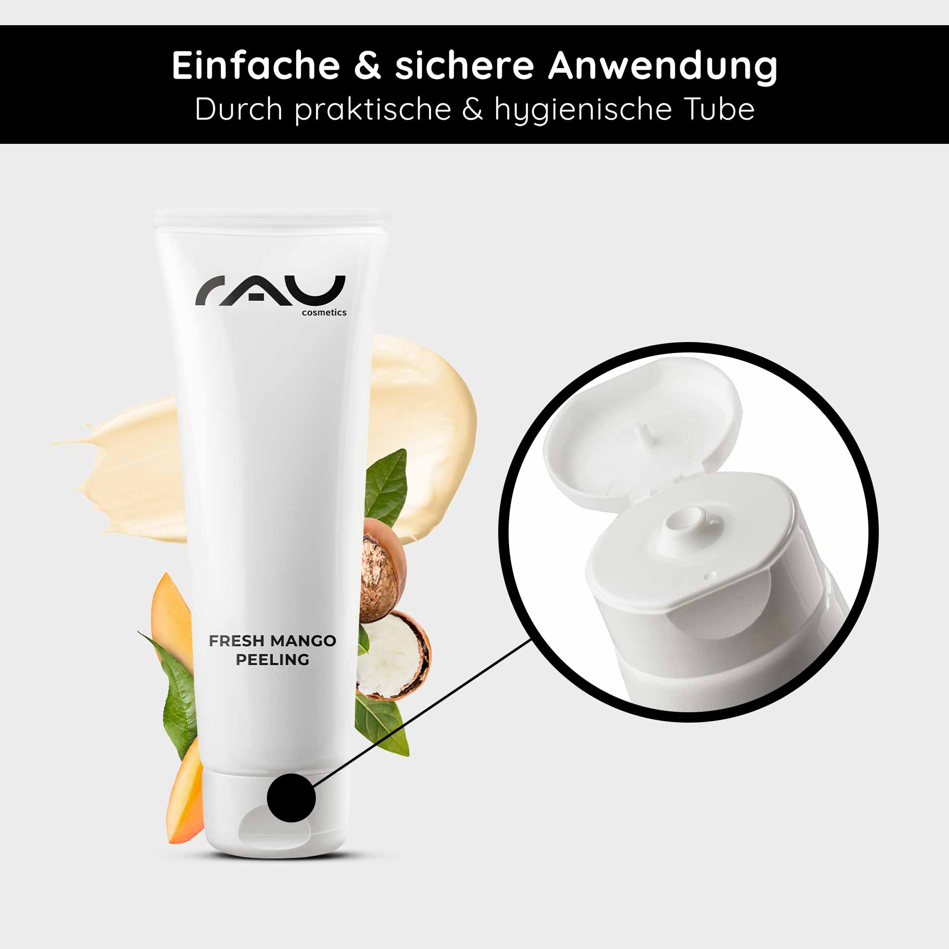 Fresh Mango Peeling 75 ml Enzyme Peeling with Mango Fragrance RAU Cosmetics Fresh Mango Peeling in der Tube mit Mango- und Sheabutter-Elementen, die eine einfache und hygienische Anwendung hervorheben.