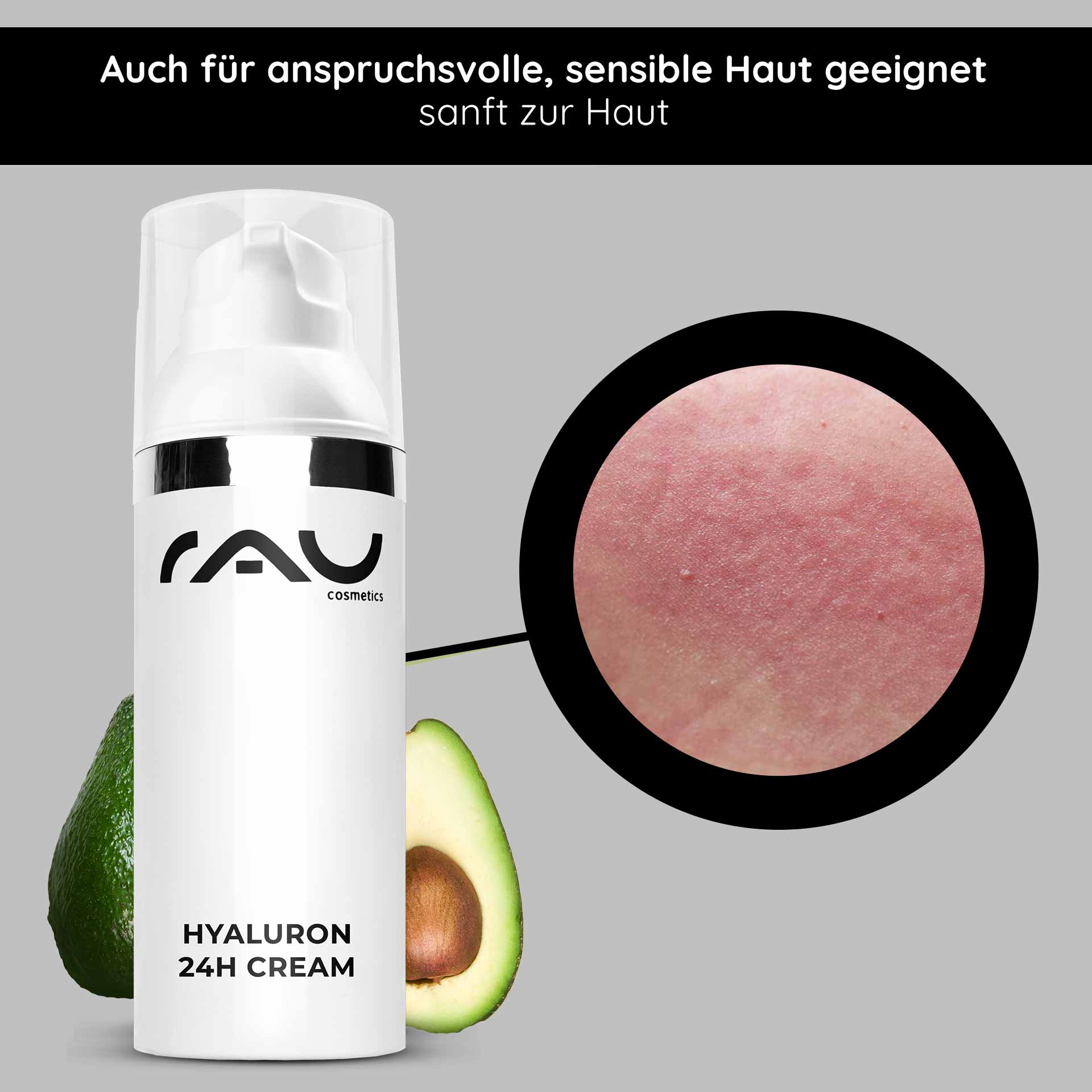 Hyaluron 24h Cream 50 ml Hyaluron Care Cream Verpackung der RAU Cosmetics Hyaluron 24h Cream mit Avocado, die die Eignung für empfindliche Haut und die feuchtigkeitsspendende Wirkung hervorhebt.