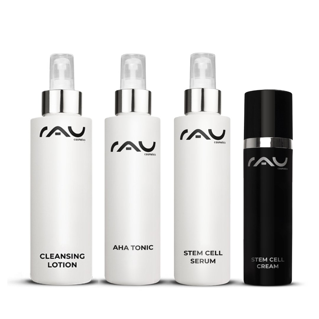 RAU Cosmetics Advanced skincare routine for mature skin, consisting of Cleansing Lotion, AHA Tonic, Stem Cell Serum, and Stem Cell Cream, on a white background.