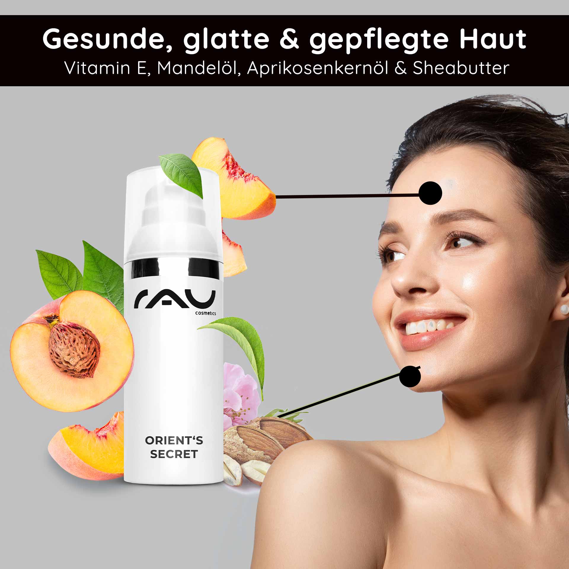 Orient's Secret 50 ml with Amethyst Powder Gesichtscreme Orient's Secret von RAU Cosmetics mit Amethyst-Pulver, Mandelöl, Aprikosenkernöl und Sheabutter, umgeben von frischen Früchten und Pflanzen, betont gesunde, glatte Haut.