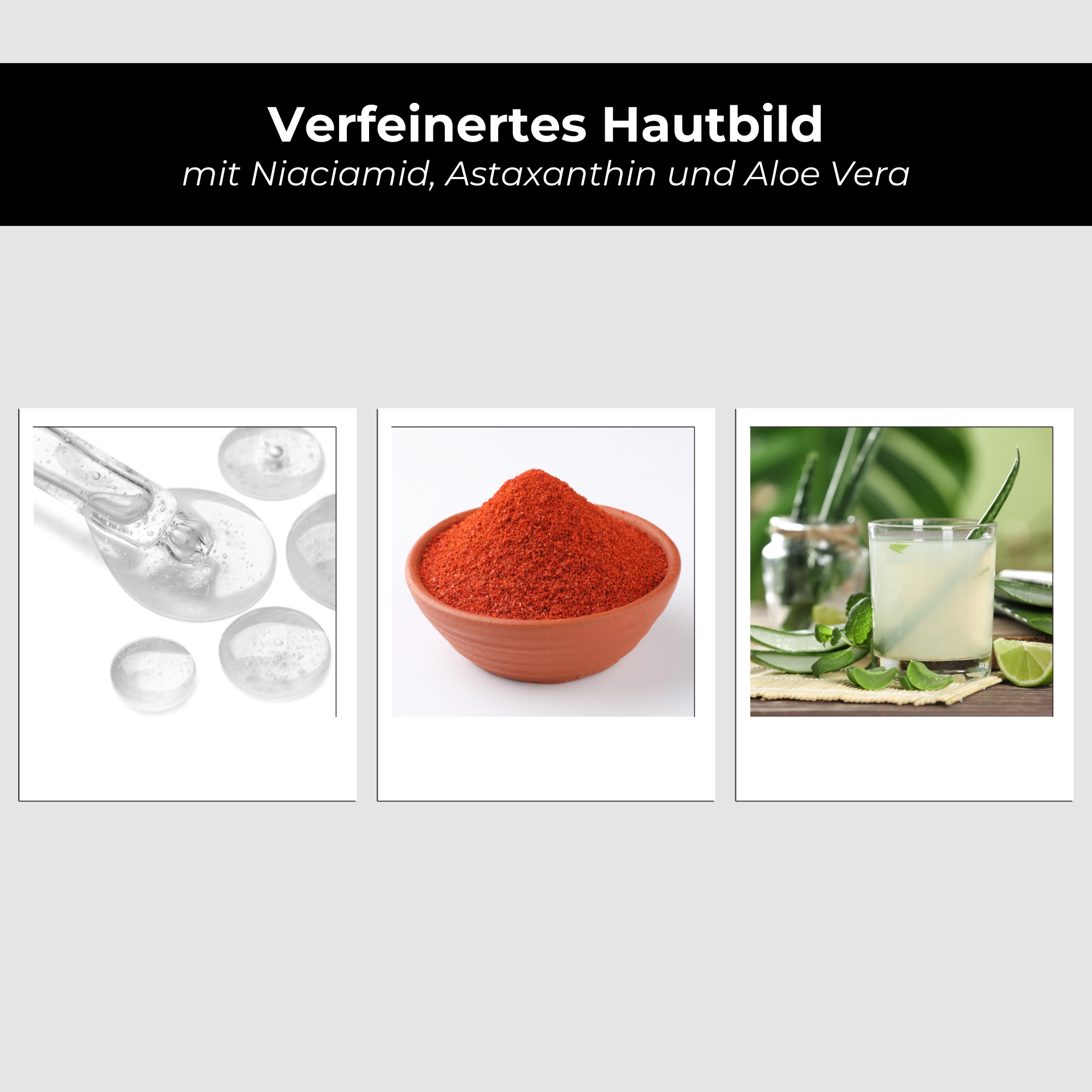 Niacinamide & Astaxanthin Serum 100 ml with 10% Niacinamide & 1% Zinc PCA Verfeinertes Hautbild mit Niacinamid, Astaxanthin und Aloe Vera, abgebildet durch Pipette mit Serum, Schüssel mit rotem Pulver und Getränk mit Aloe Vera.