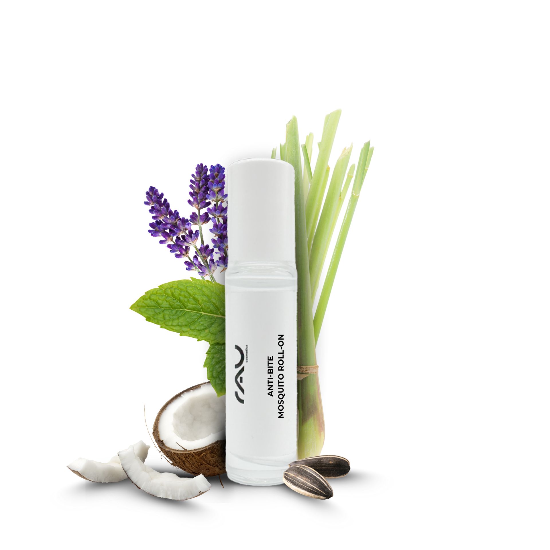 Anti Bite Mosquito Roll-On 10 ml - Naturally against mosquito bites & Co. RAU Cosmetics Anti Bite Mosquito Roll-On 10 ml mit natürlichen Inhaltsstoffen wie Zitronengras, Lavendel und Minze, umgeben von Kokosnuss- und Sonnenblumenkernen, zur Linderung von Insektenstichen und zur Hautpflege.